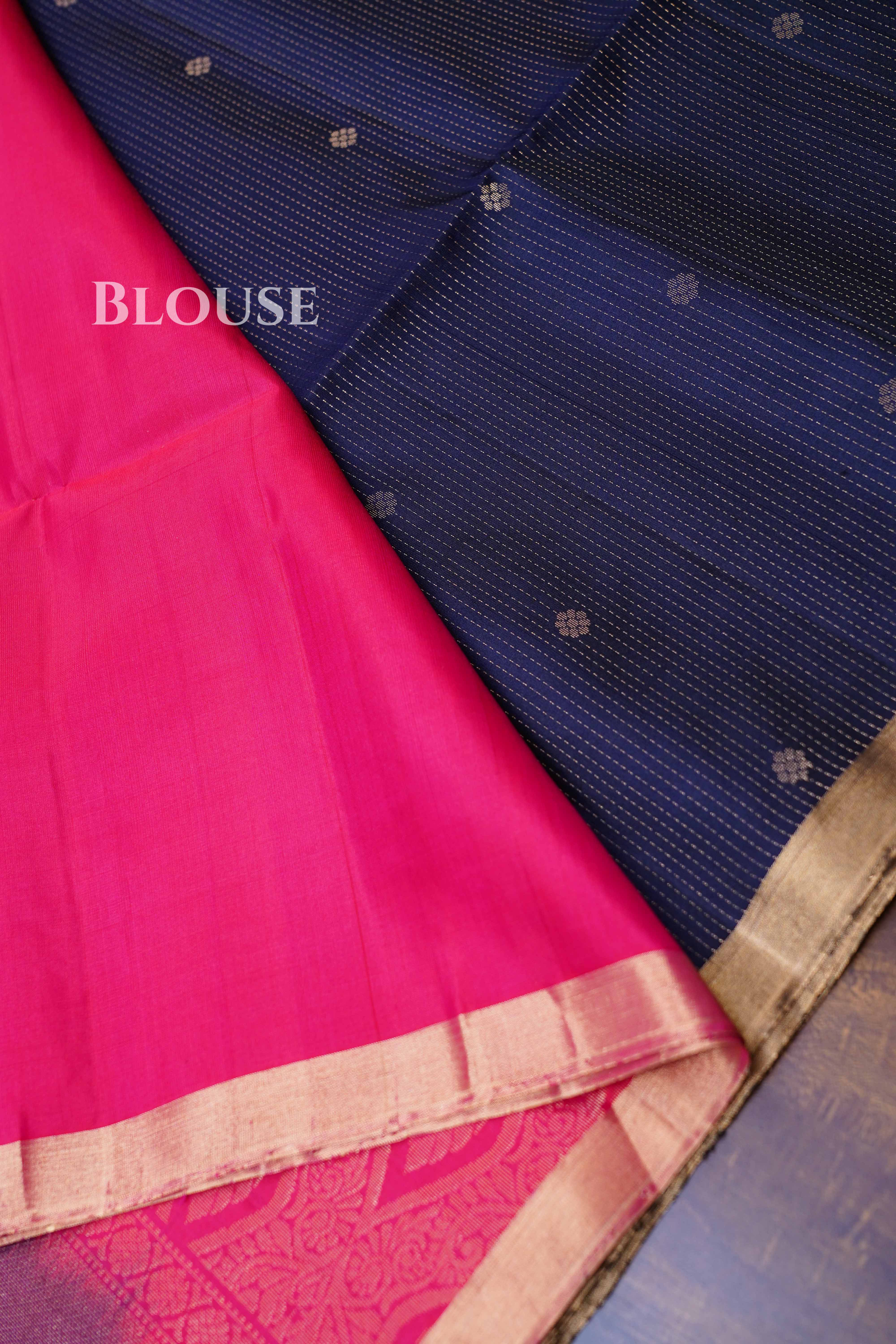 Navy Blue With Tomato Red Pure Soft Silk Saree