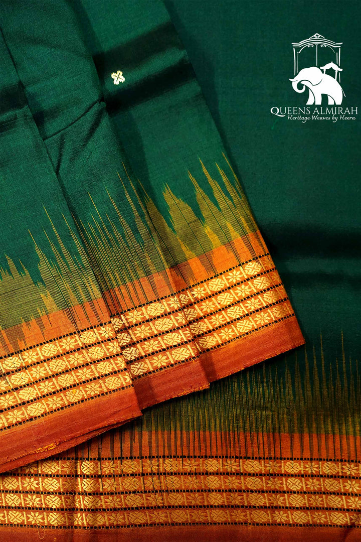 DARK GREEN WITH WOVEN BORDER MULBERRY SILK SAREE - Queens Jewel Emporium