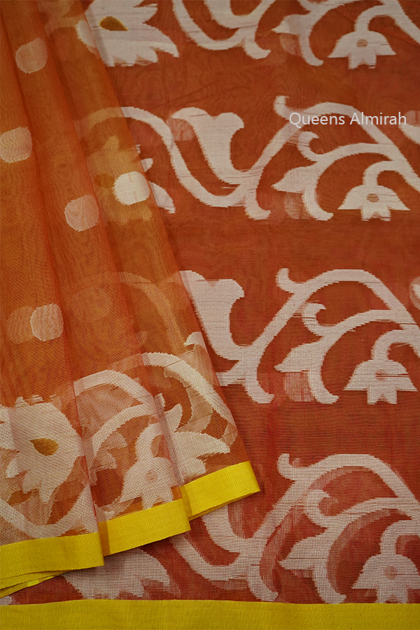 APRICOTS ORANGE MUSLIN JAMDANI SAREE - Queens Jewel Emporium