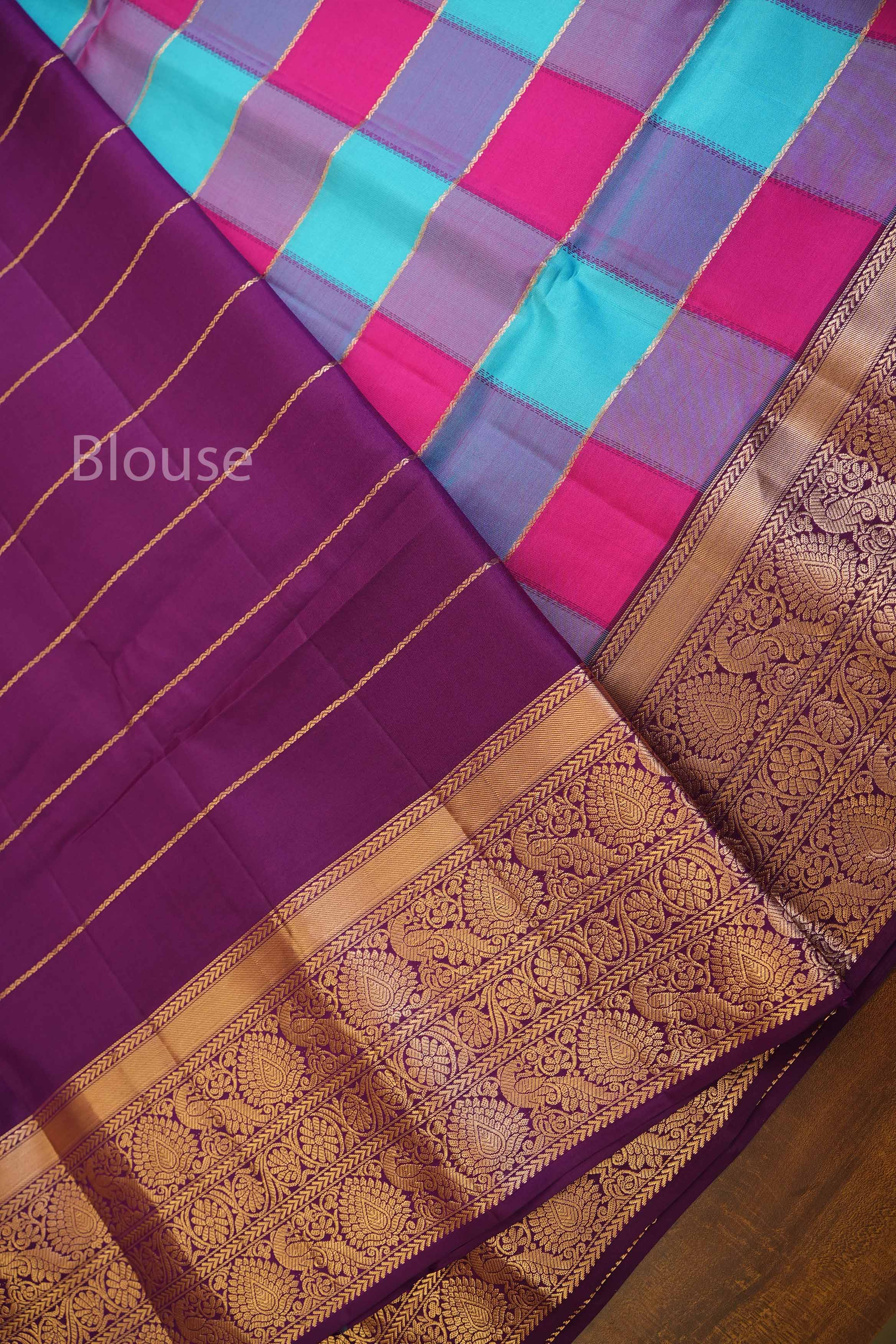 Blue And Rani Pink Kattam Pure Soft Silk Saree