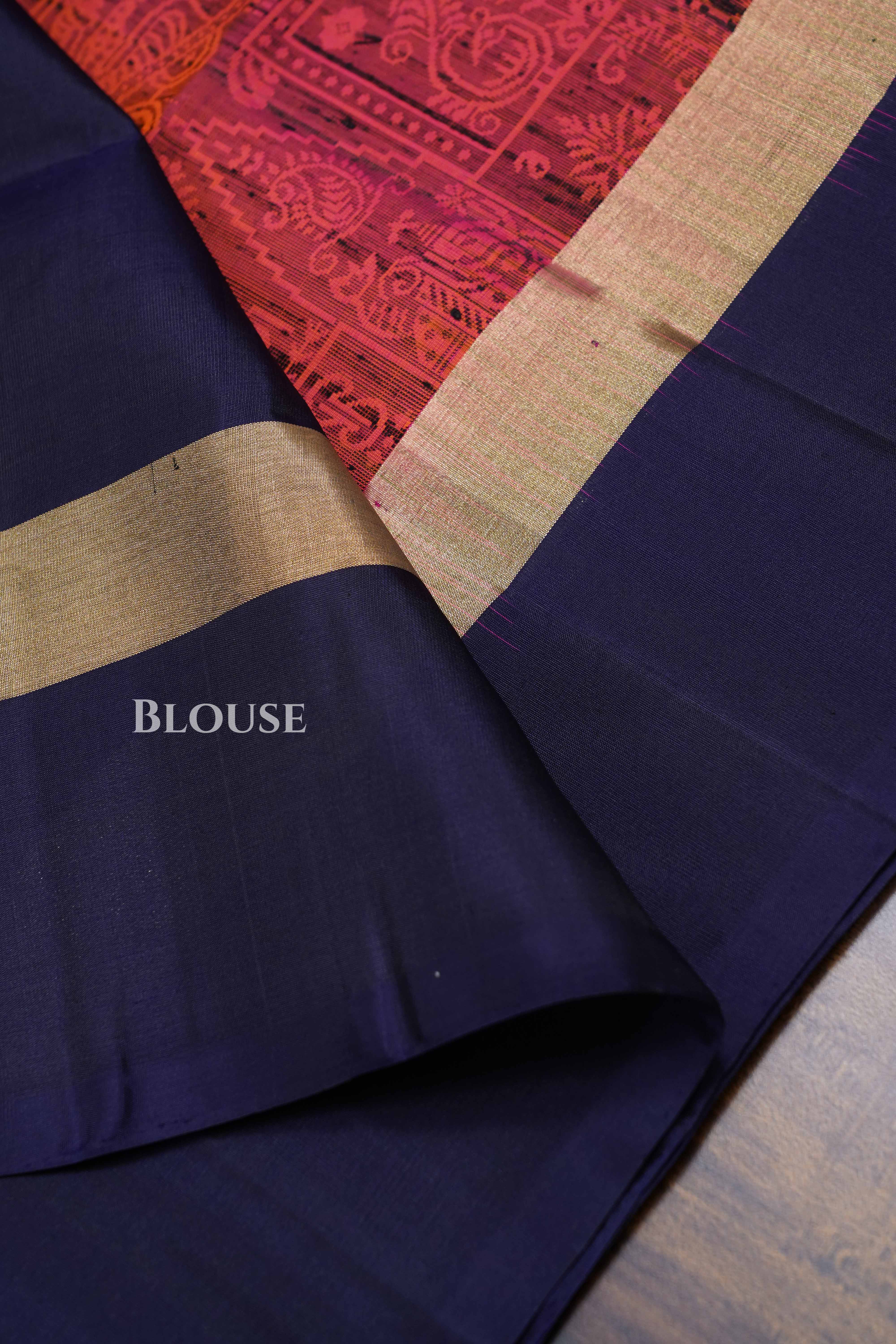 Reddish Orange With Navy Blue Dupion Silk Saree