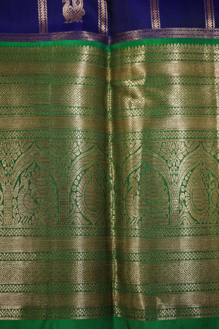 DENIM DARK BLUE WITH LIGHT FOREST GREEN PURE KANCHIVARAM SILK SAREE - Queens Jewel Emporium