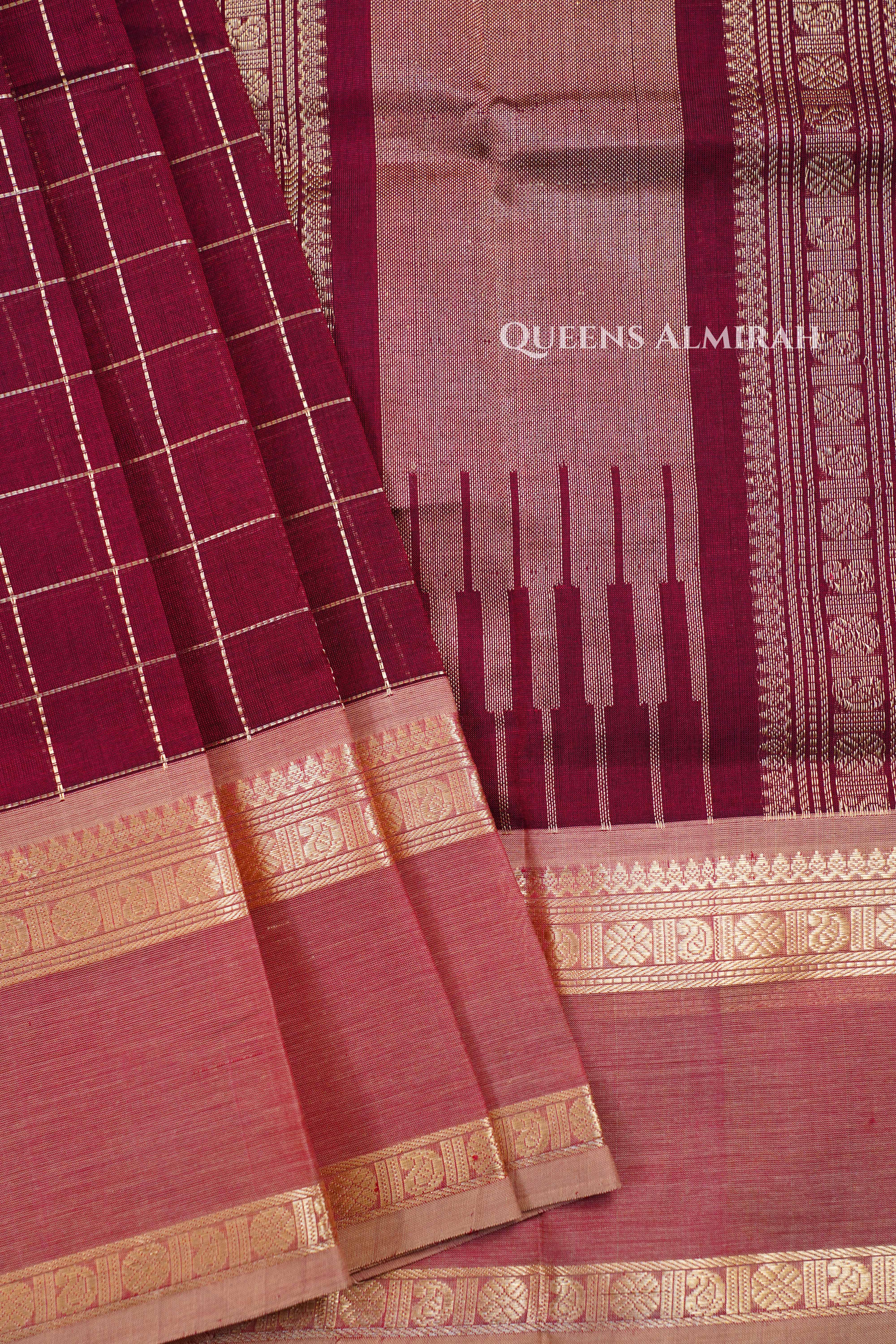 Maroon With Dusky Pink- Karaikudi Chettinad Silk Cotton Saree