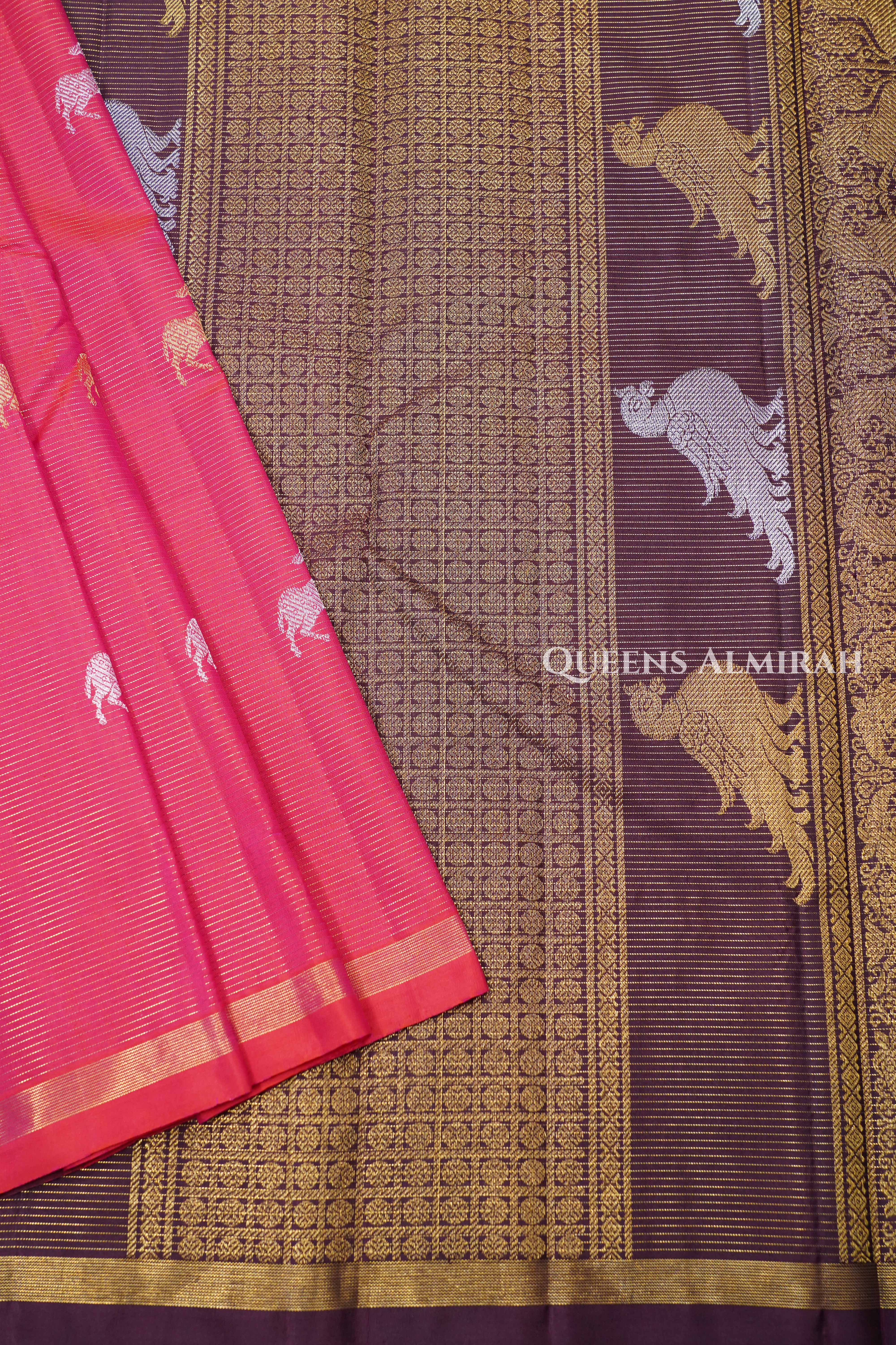 Deep Carmine Pink Pure Kanchivaram Silk Saree