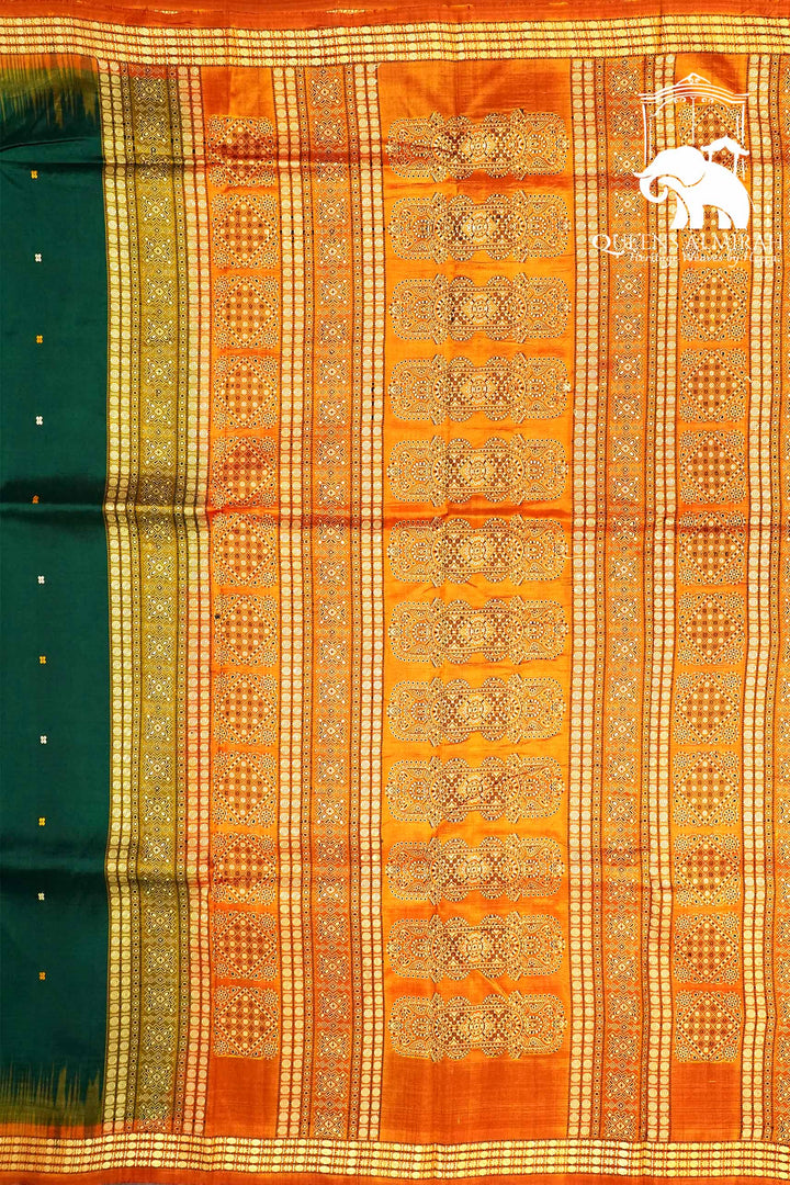 DARK GREEN WITH WOVEN BORDER MULBERRY SILK SAREE - Queens Jewel Emporium