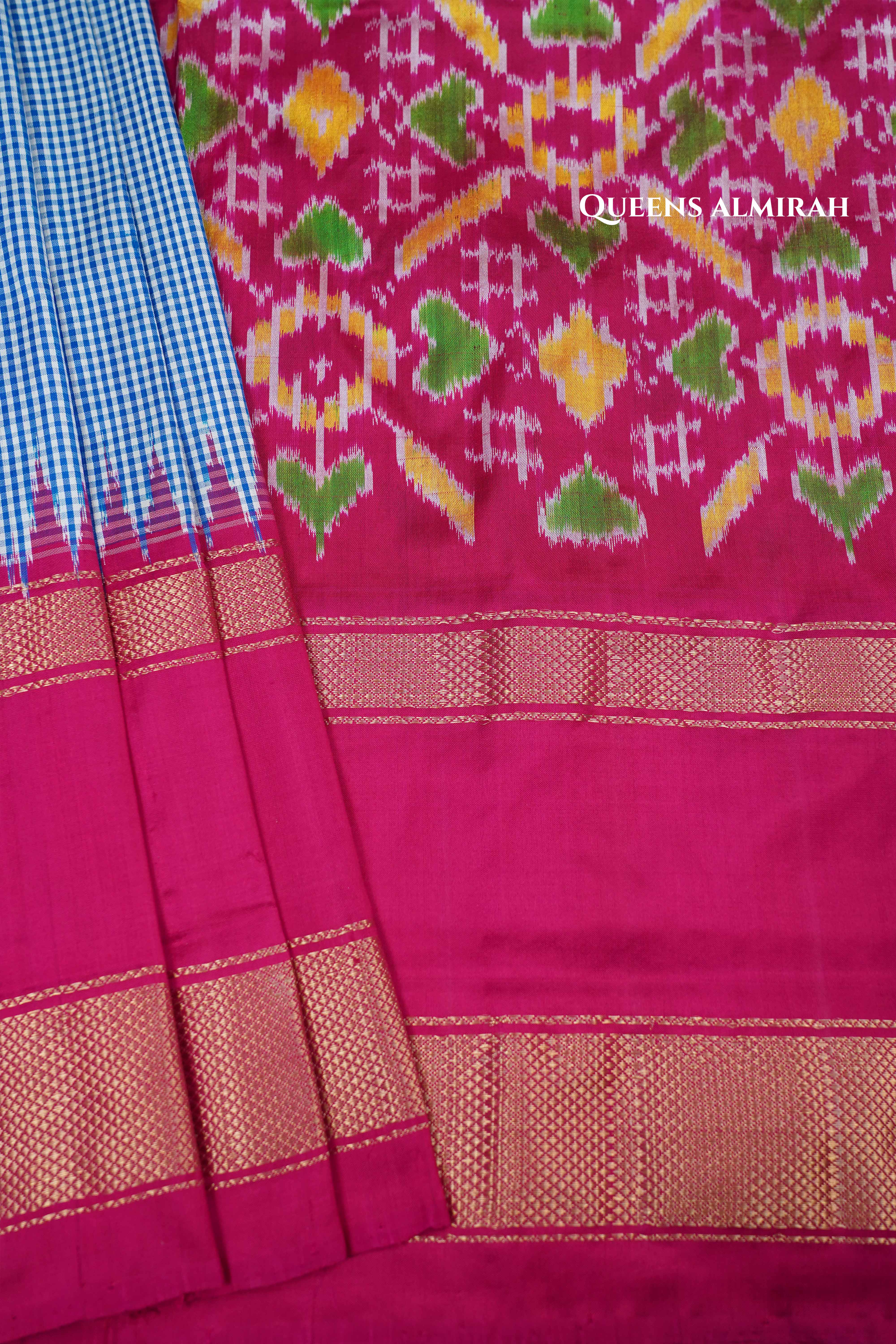 White And Blue Checks With Magenta Pink Pure Ikat Silk Saree - Queens Jewel Emporium