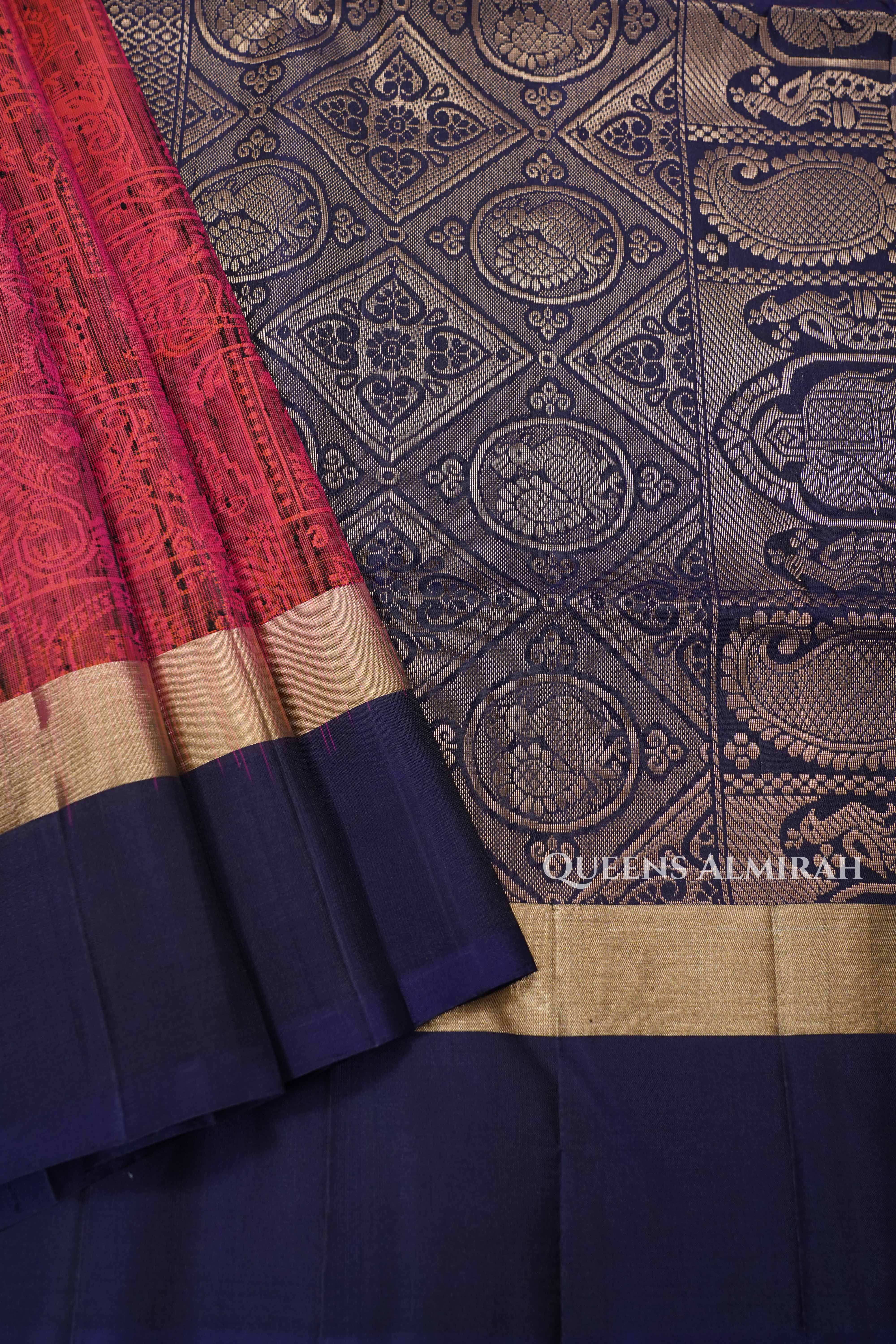 Reddish Orange With Navy Blue Dupion Silk Saree
