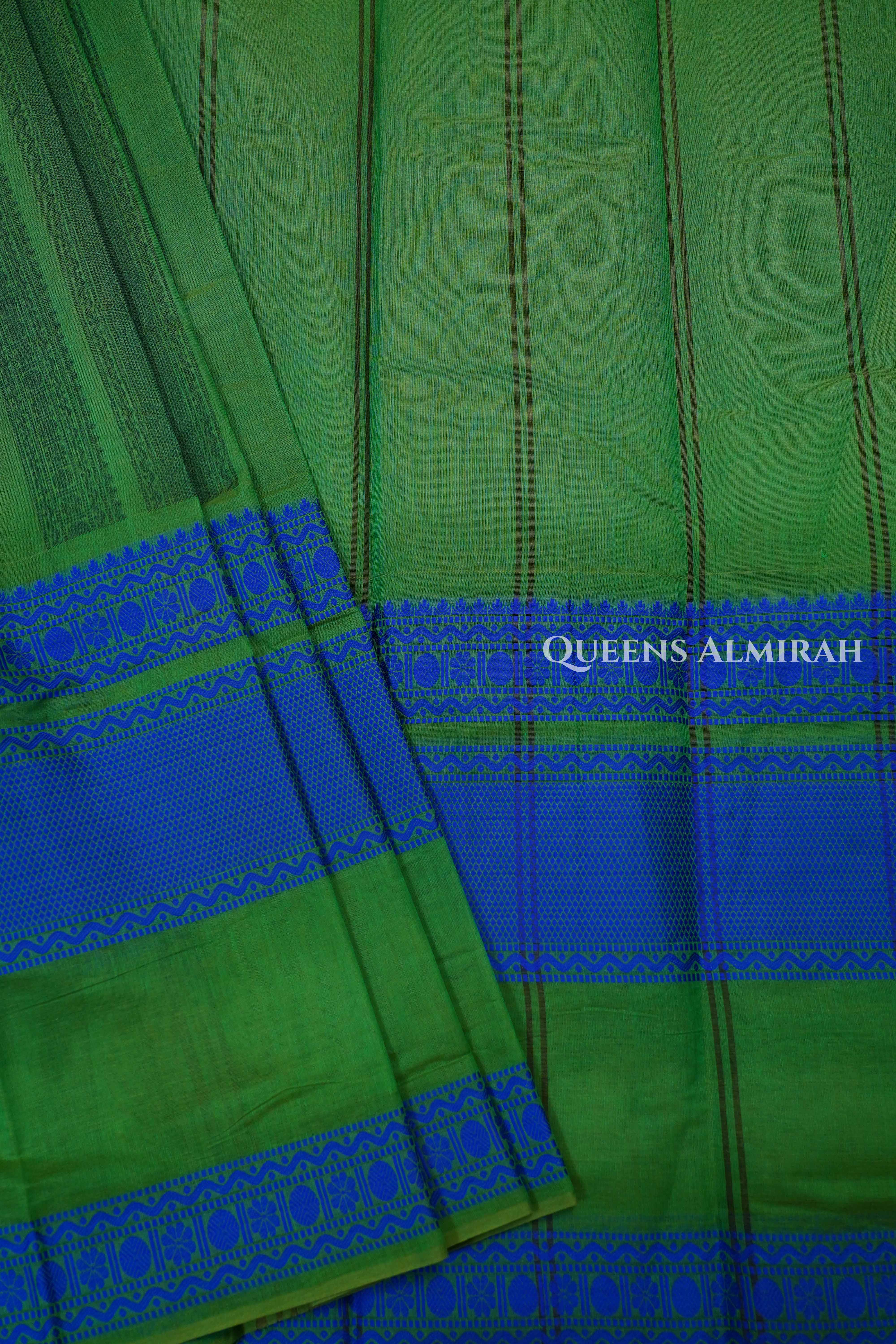 Leaf Green With Blue Chettinad Cotton Saree