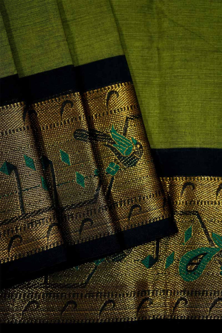 GREEN SAREE WITH BALCK PAITHANI BORDER COTTON SAREE - Queens Jewel Emporium