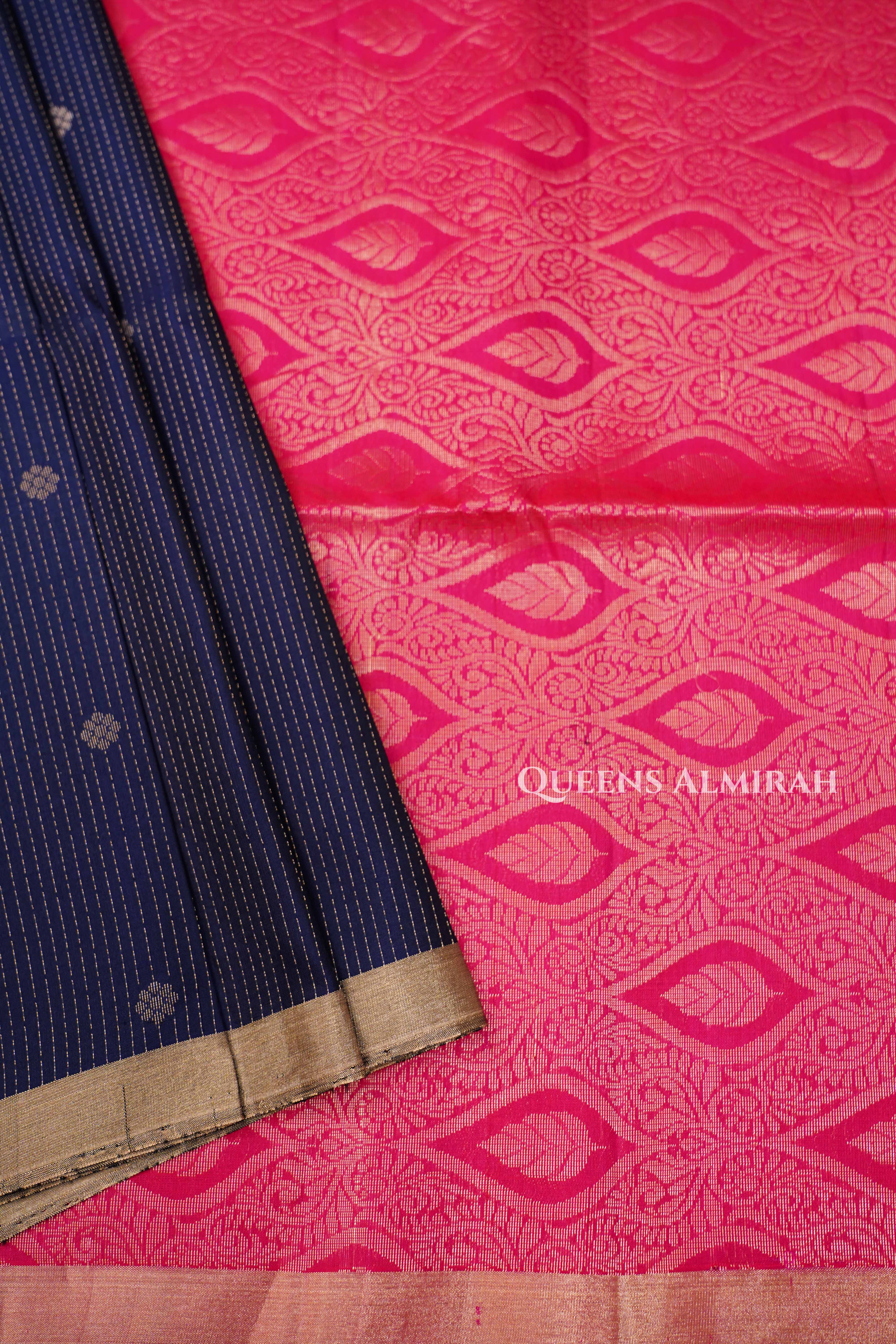 Navy Blue With Tomato Red Pure Soft Silk Saree
