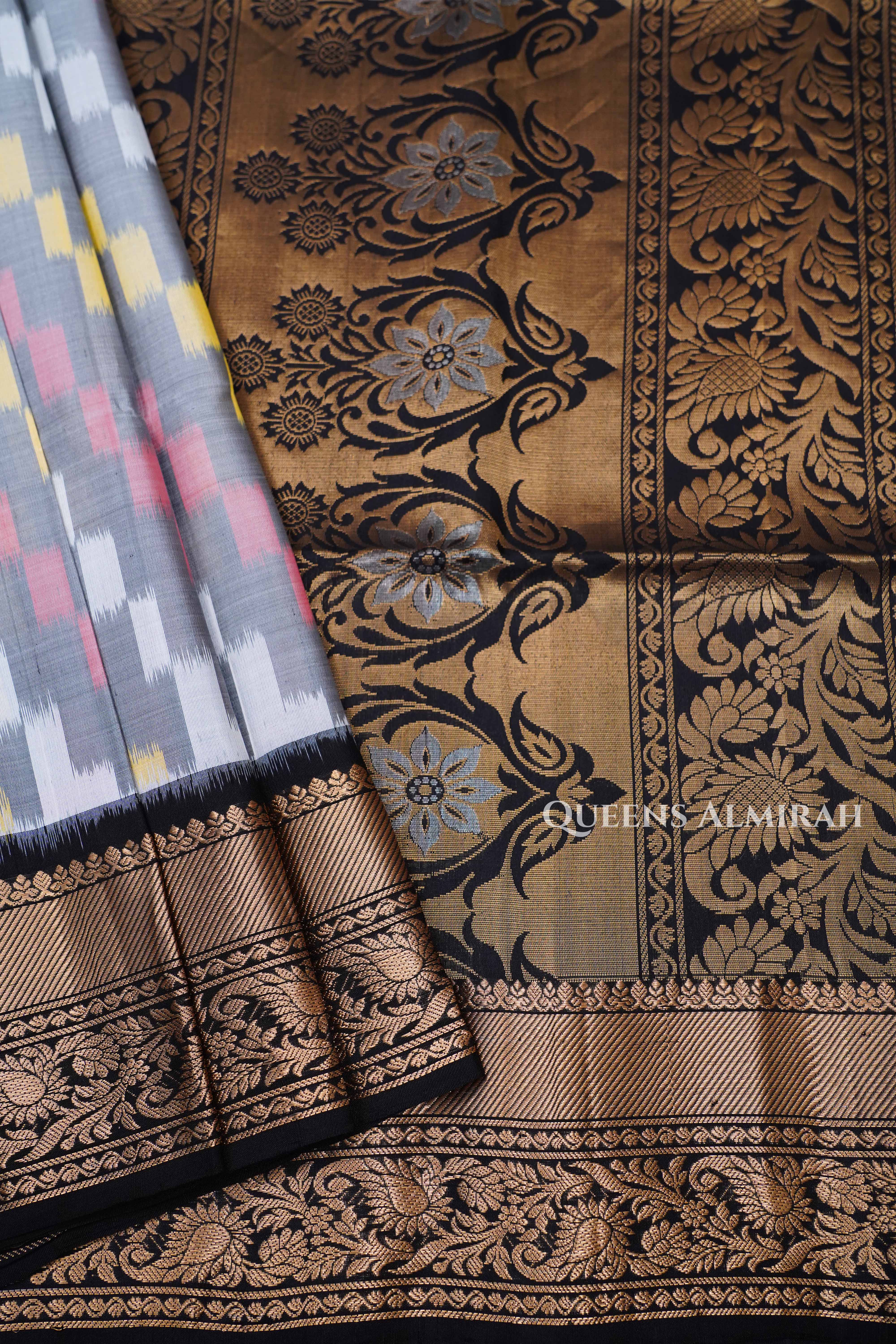 White Multi color With Black Pure Soft Silk Saree