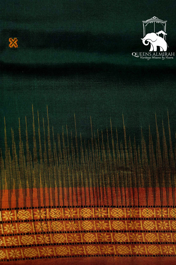 DARK GREEN WITH WOVEN BORDER MULBERRY SILK SAREE - Queens Jewel Emporium