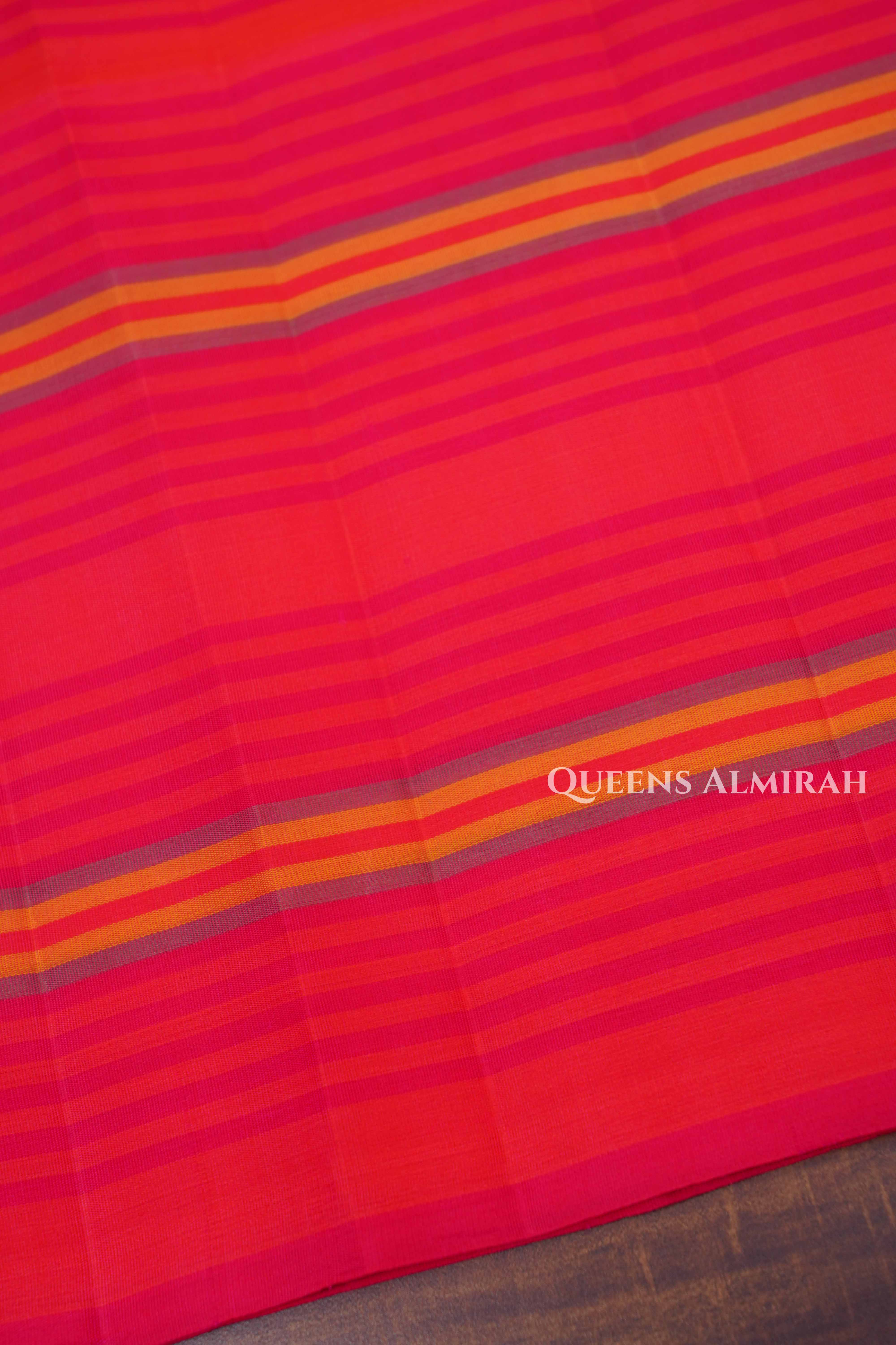 Tomato Red With Strips Pure Soft Silk Saree