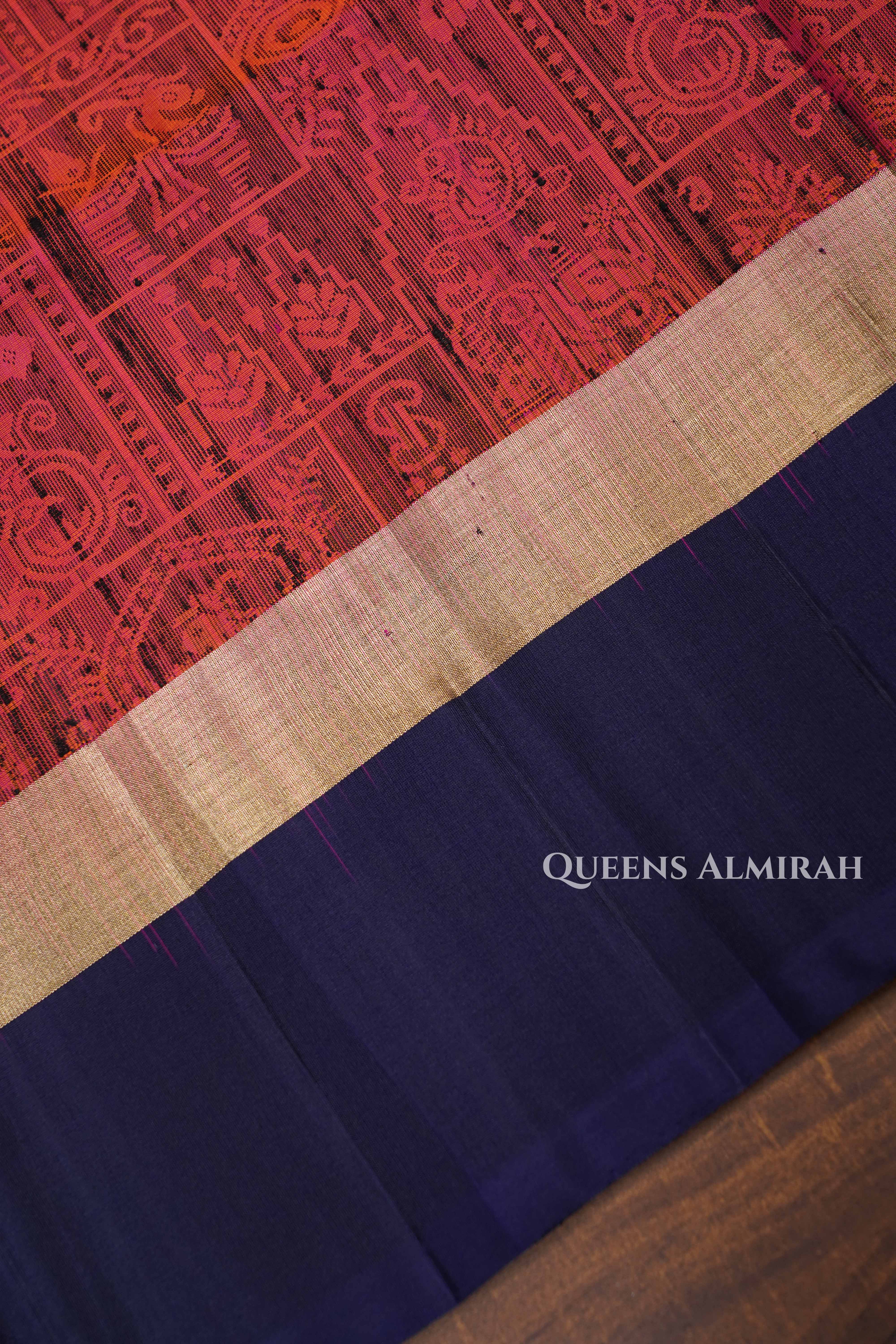 Reddish Orange With Navy Blue Dupion Silk Saree