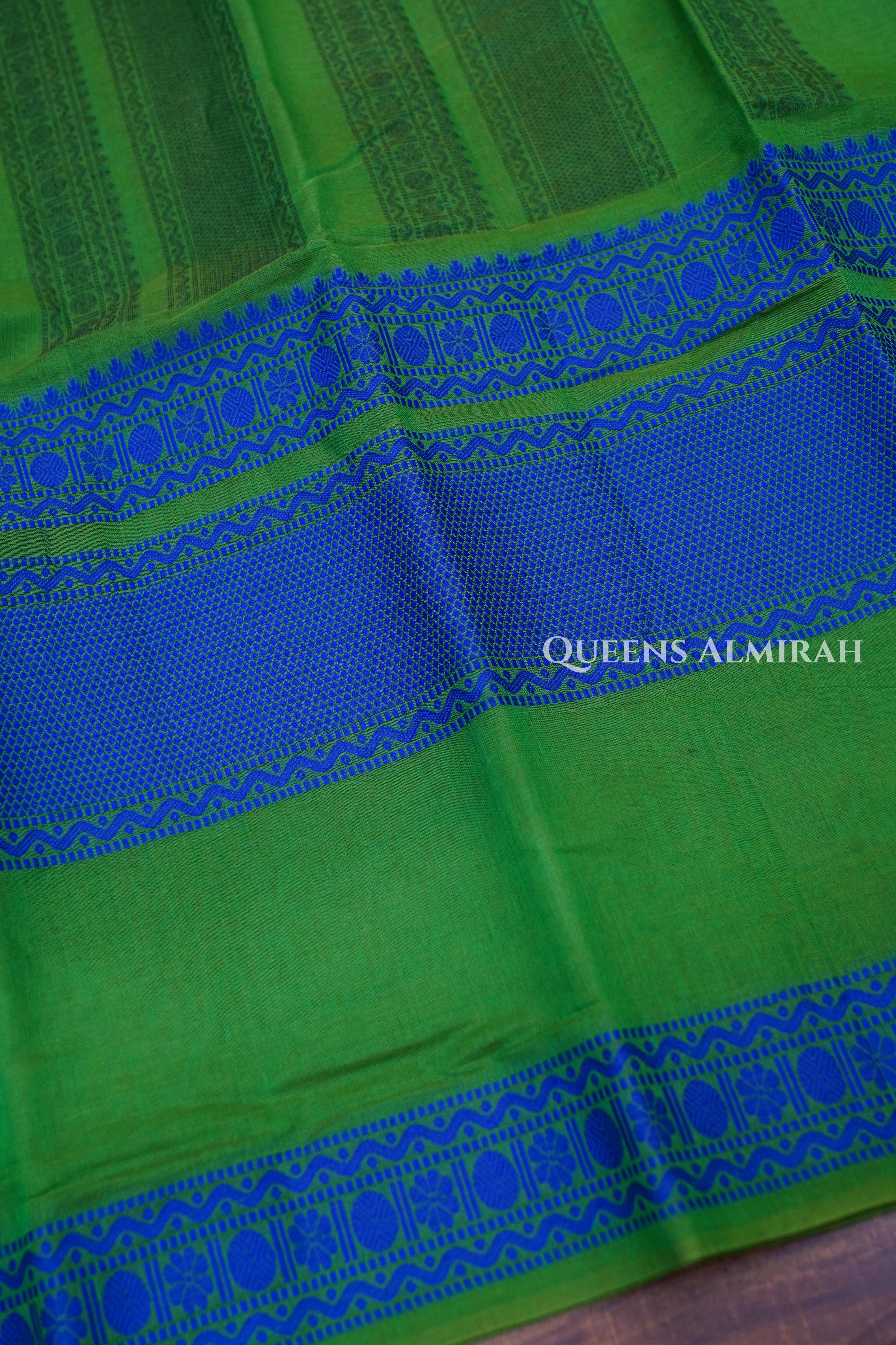 Leaf Green With Blue Chettinad Cotton Saree