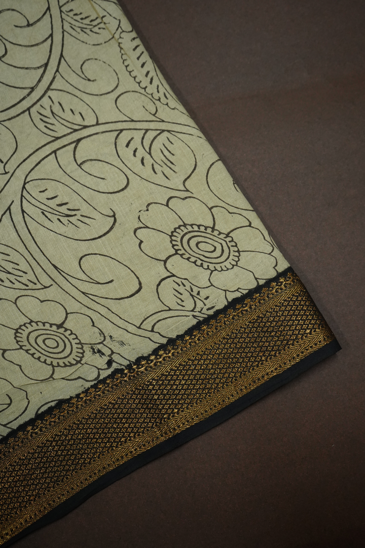 BRIGHT GREY WITH BLACK AND GOLDEN BORDER MANGALGIRI SAREE - Queens Jewel Emporium