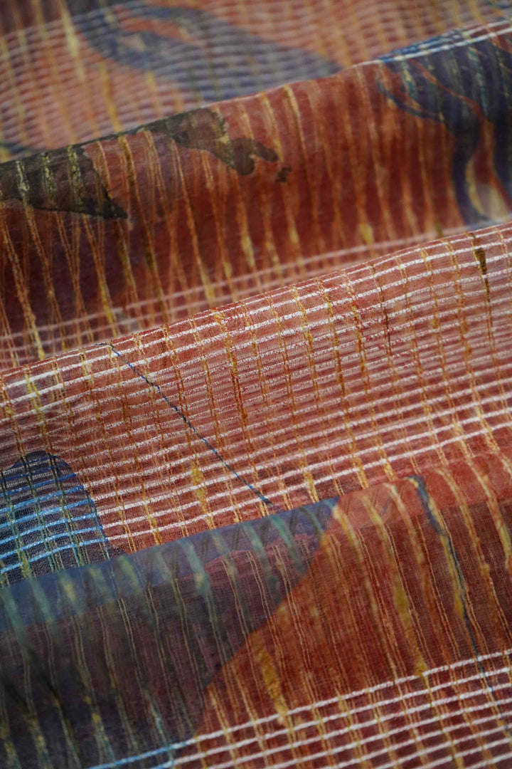PINKISH BROWN  MARBLE PRINT GHICHA ORAGANZA SAREE - Queens Jewel Emporium