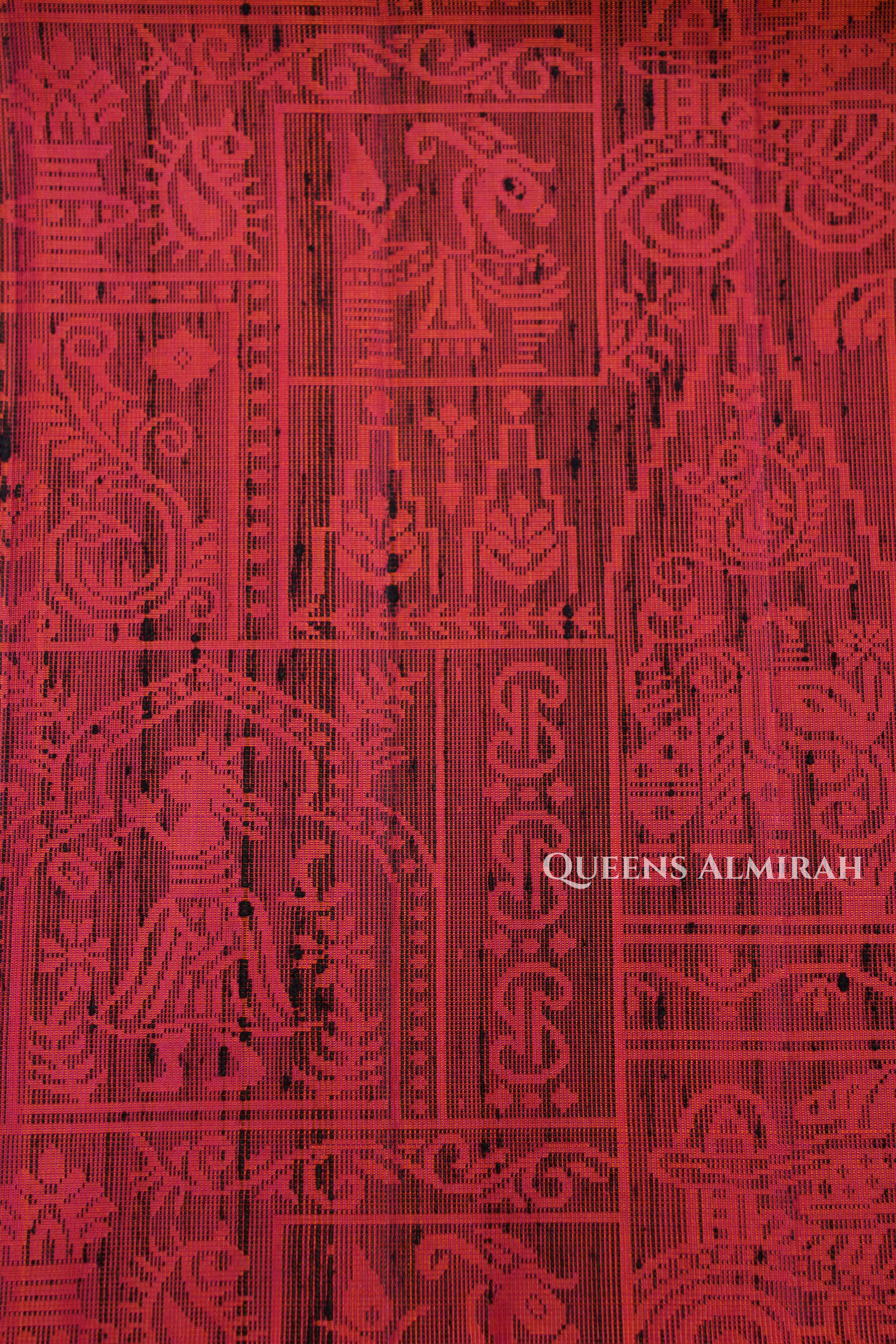 Reddish Orange With Navy Blue Dupion Silk Saree