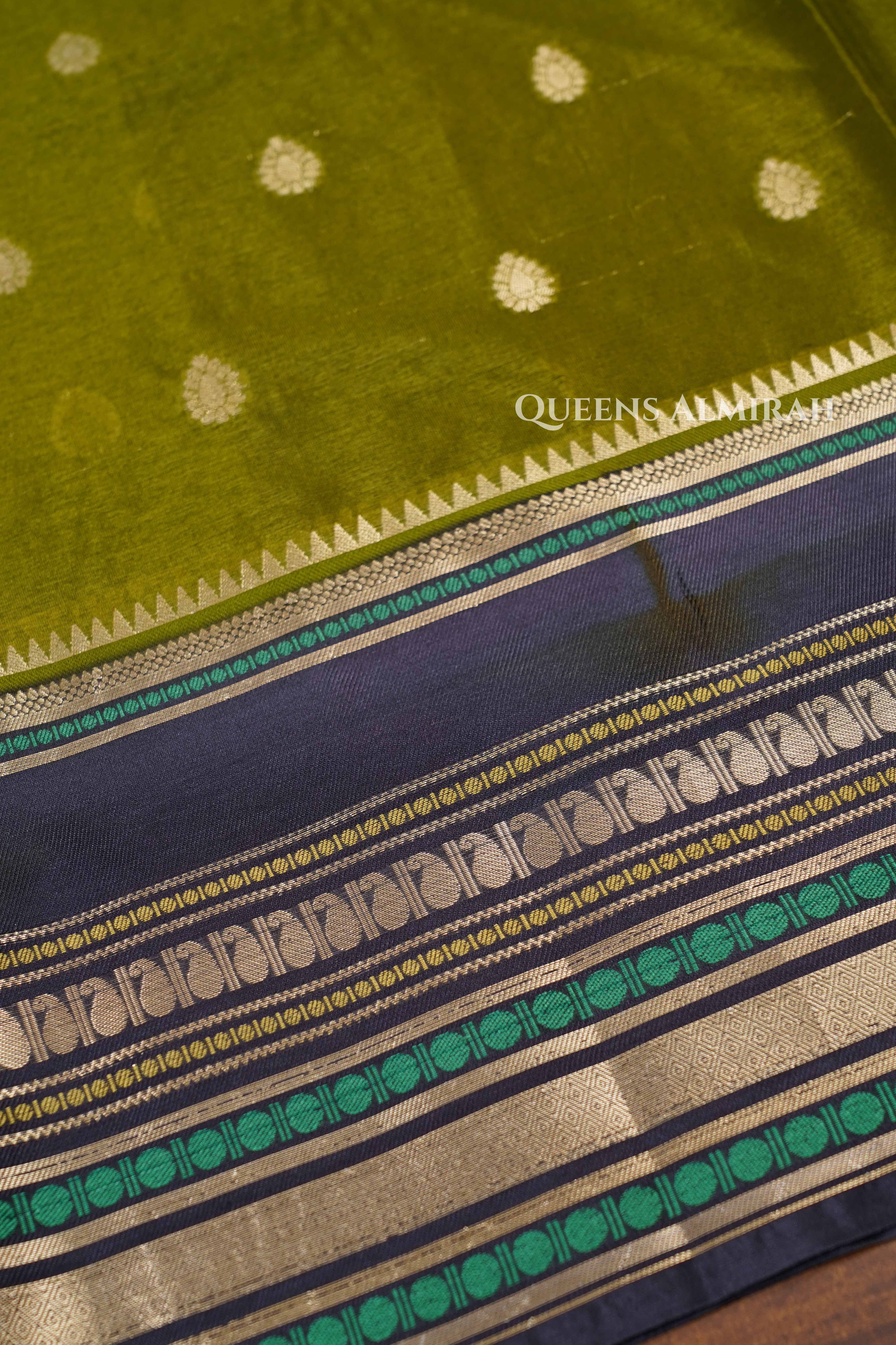 Olive Green With Black Semi Banarasi Silk Saree