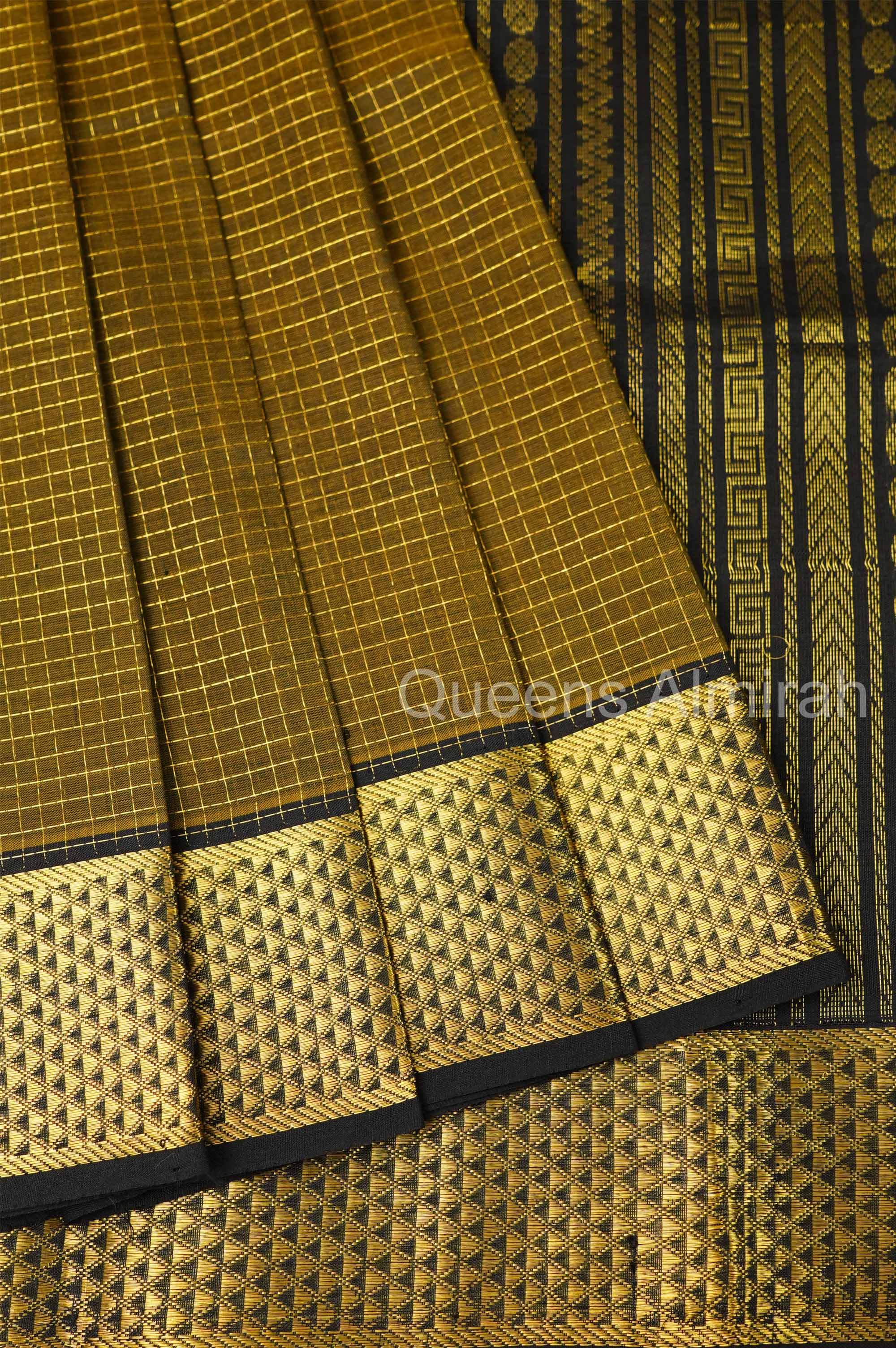 Mustard Green With Black Pure Silk Cotton Saree