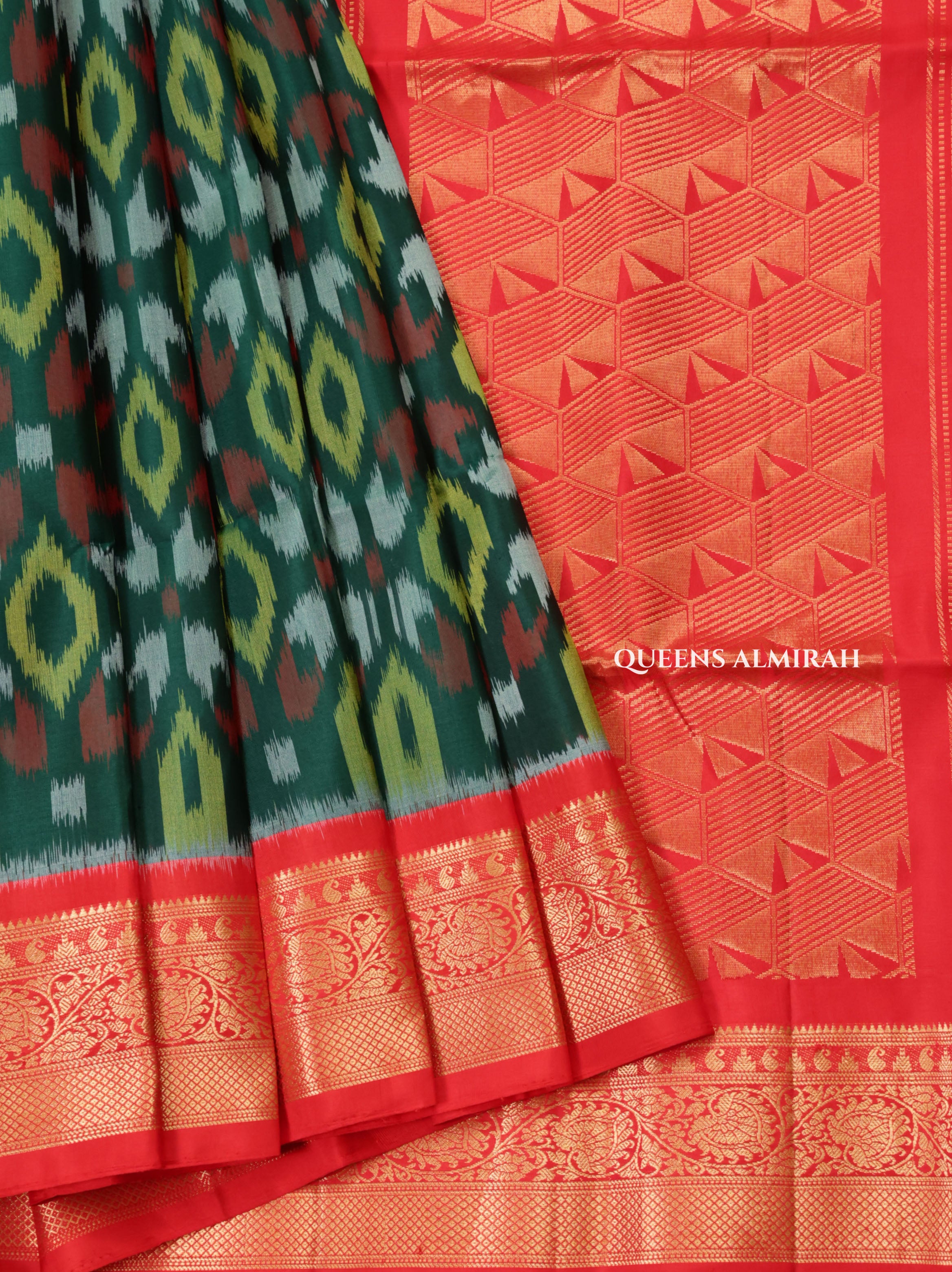 Dark Green With Red Pure Soft Silk Saree
