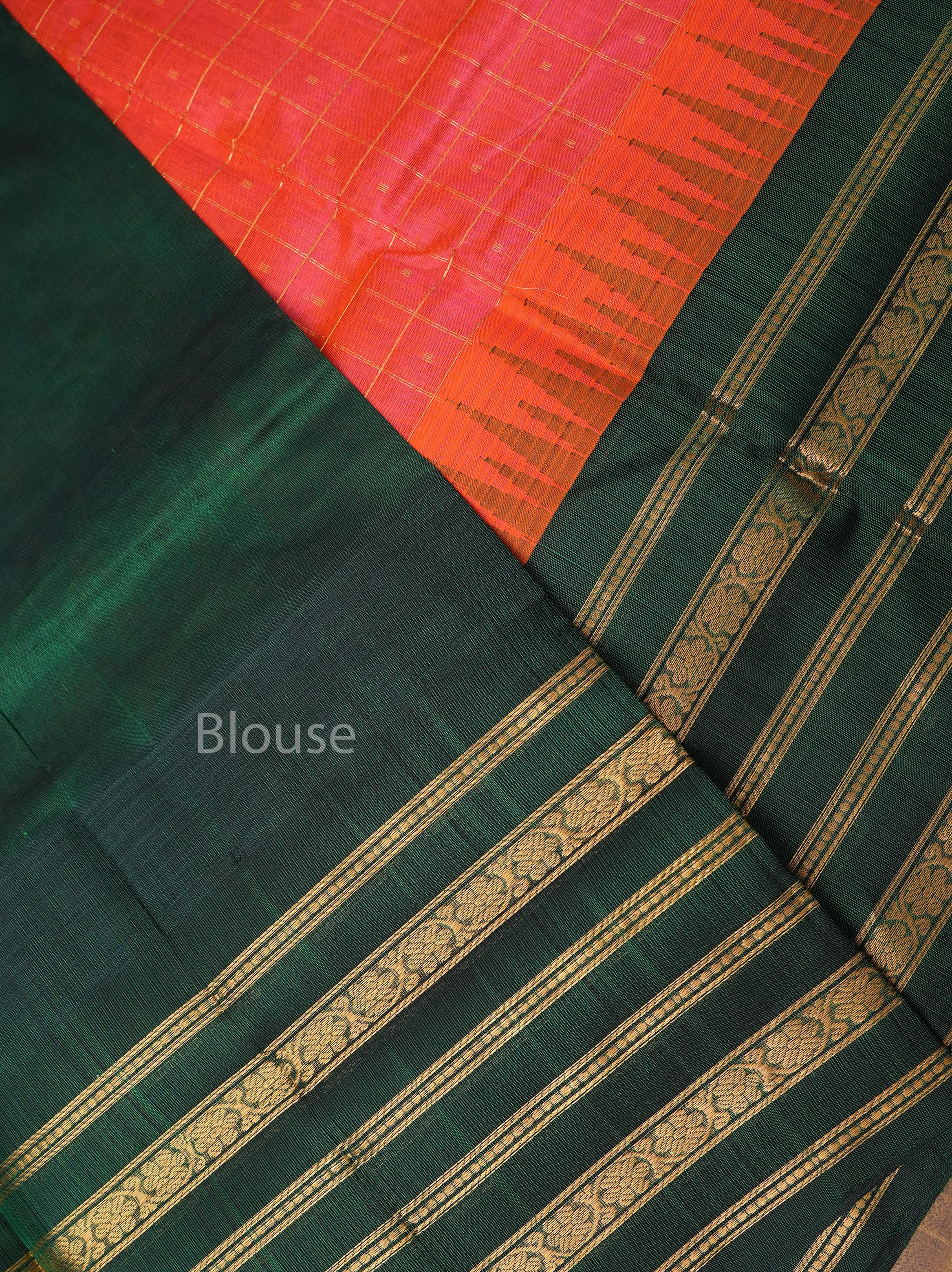 Coral Orange With Varisapet Green Border Pure Silk Cotton Saree