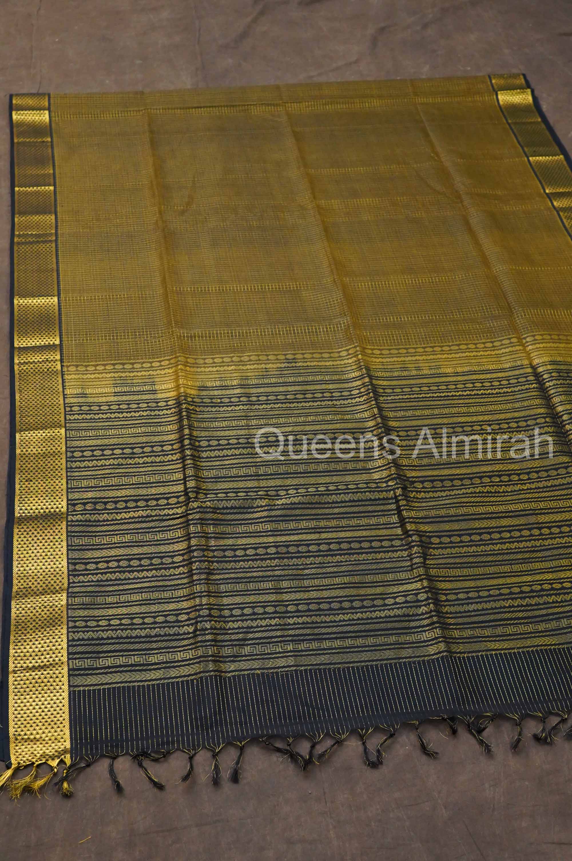 Mustard Green With Black Pure Silk Cotton Saree