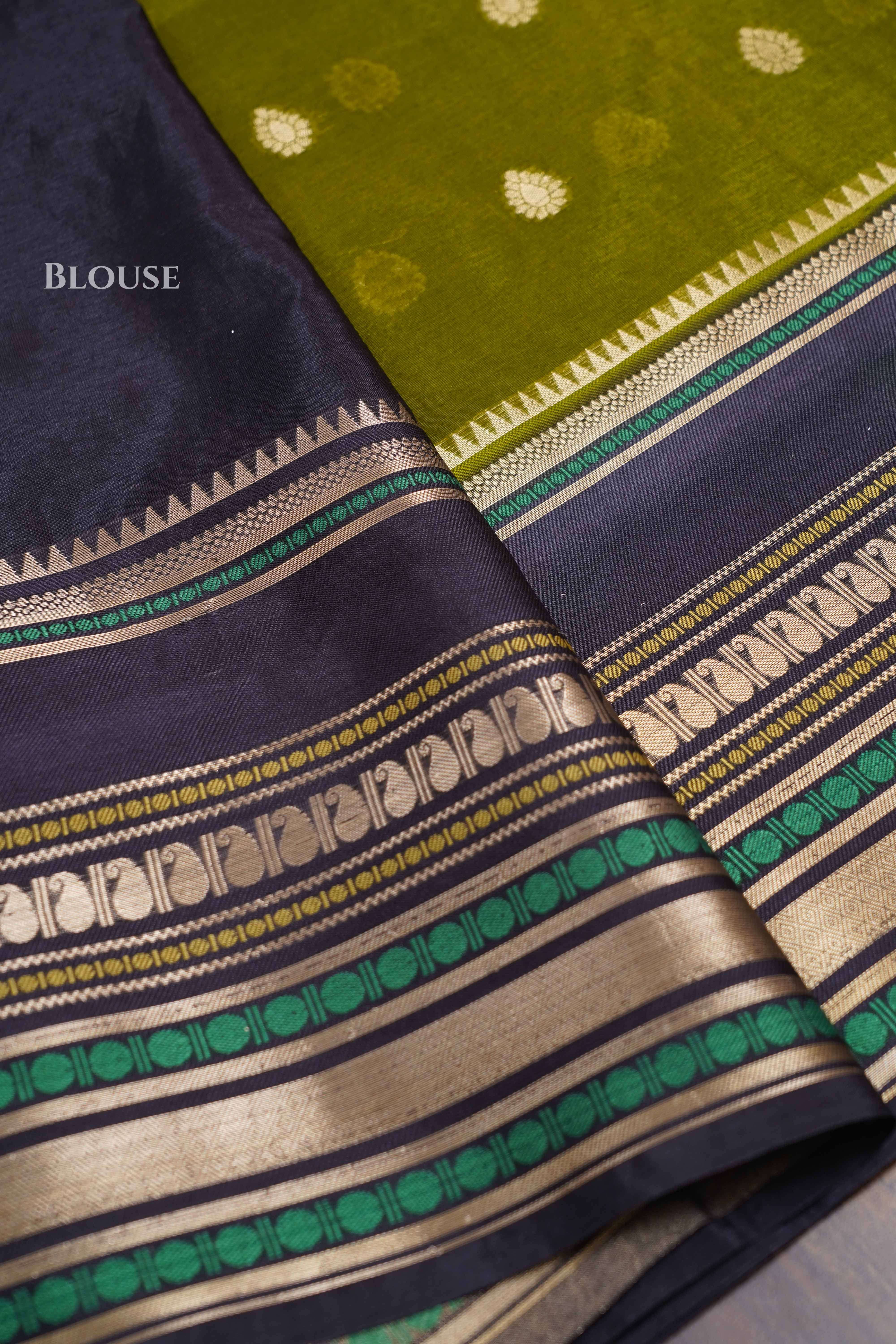 Olive Green With Black Semi Banarasi Silk Saree