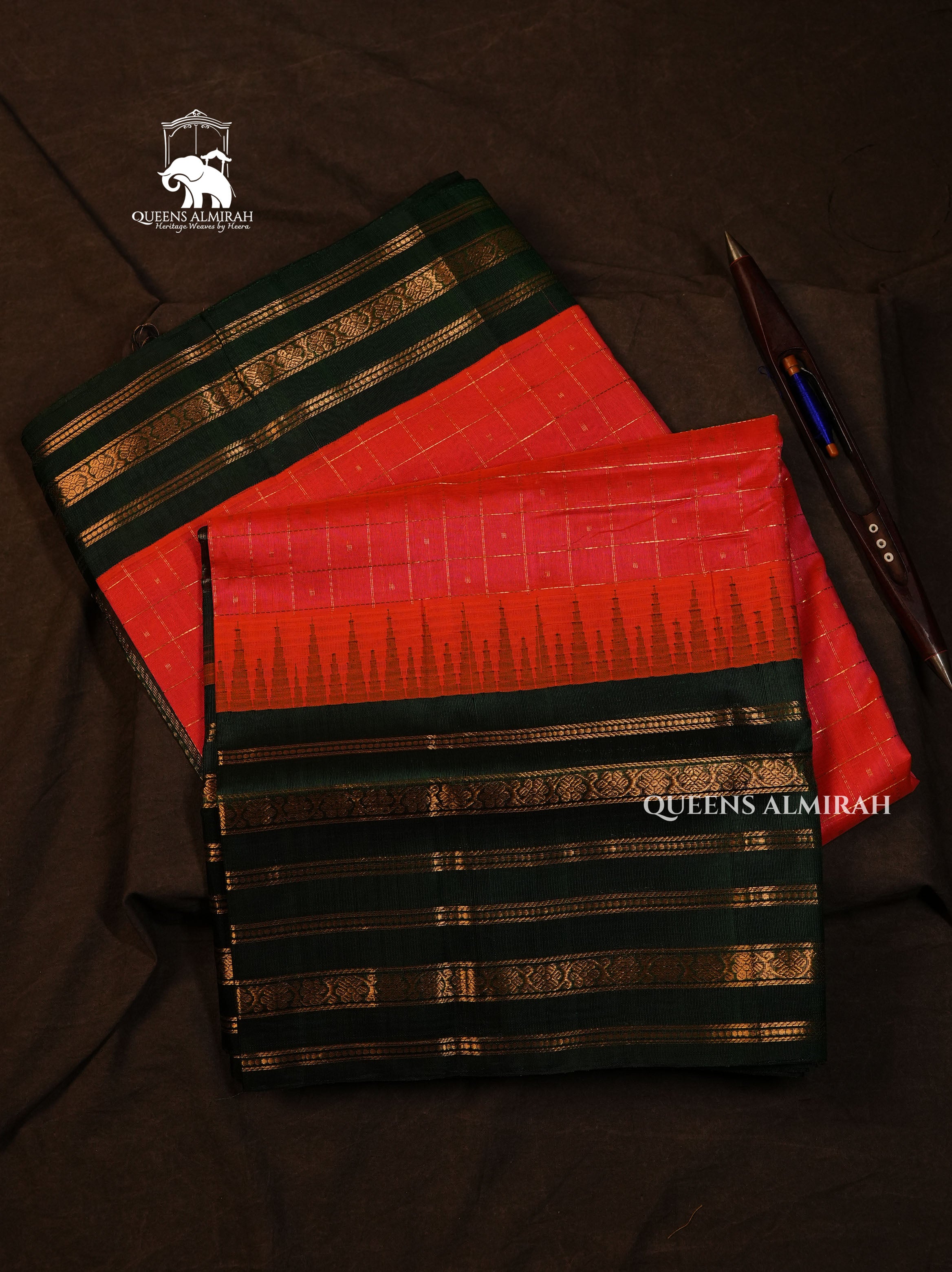 Coral Orange With Varisapet Green Border Pure Silk Cotton Saree