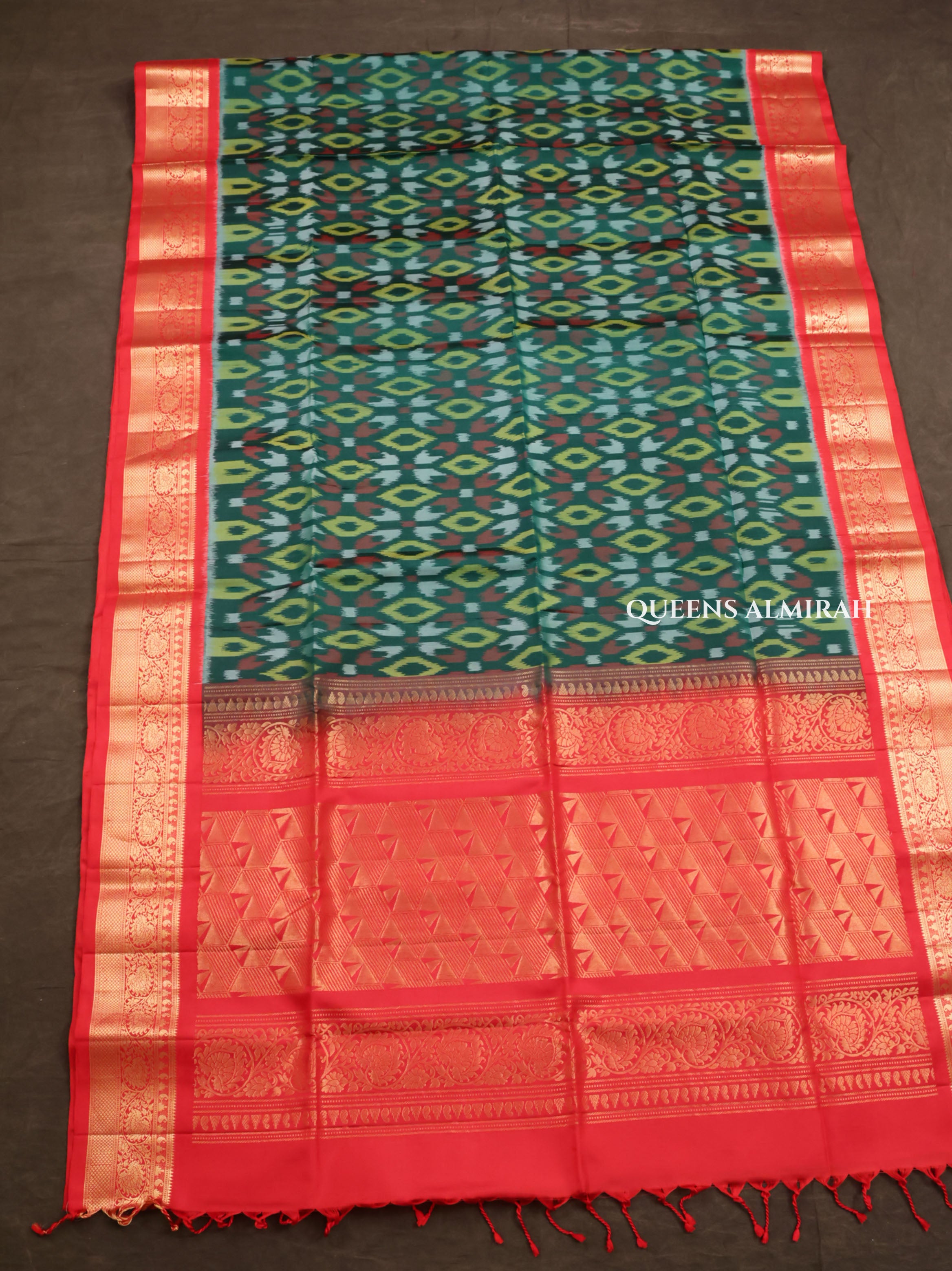 Dark Green With Red Pure Soft Silk Saree