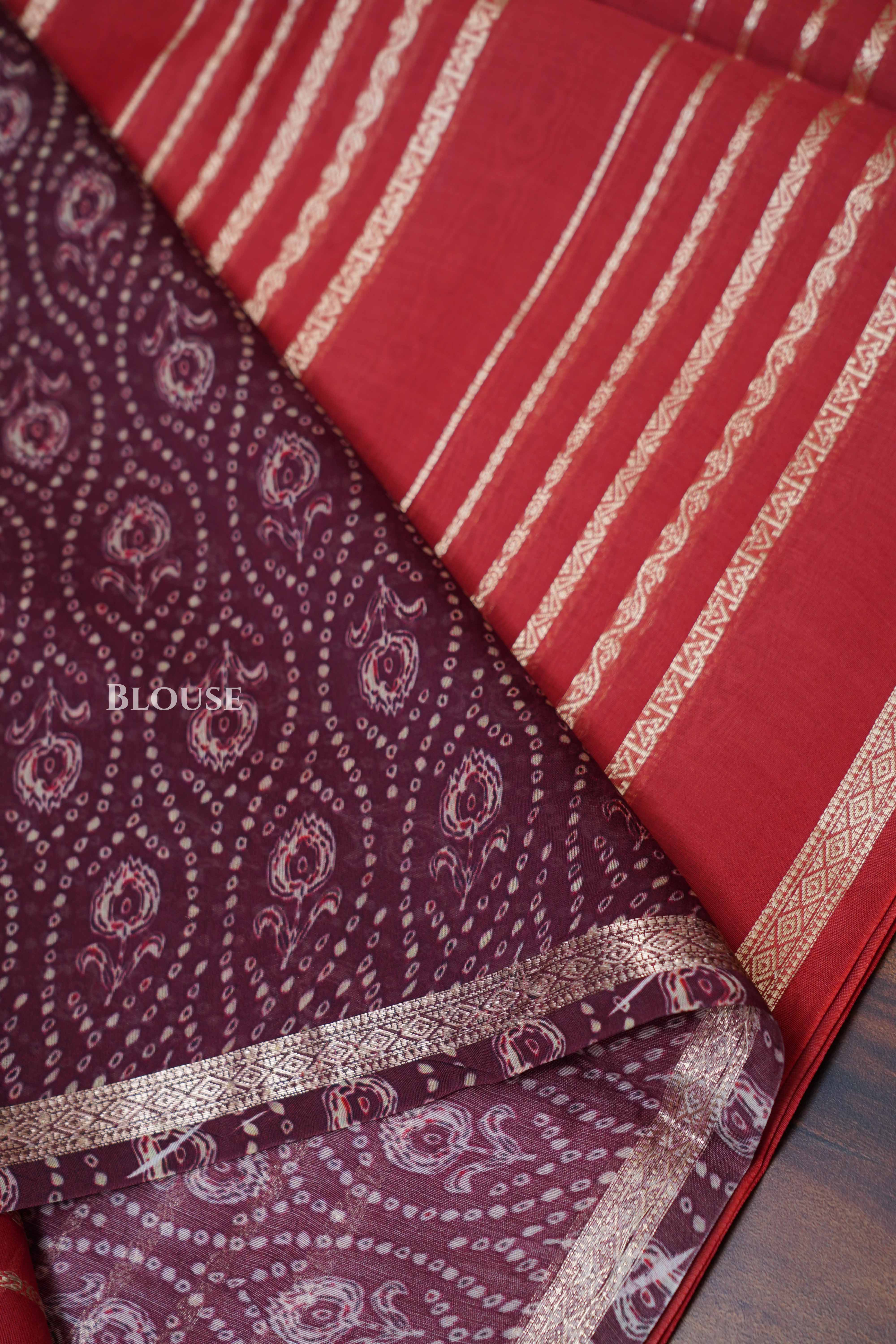 Red Brown Chanderi Silk Cotton Saree