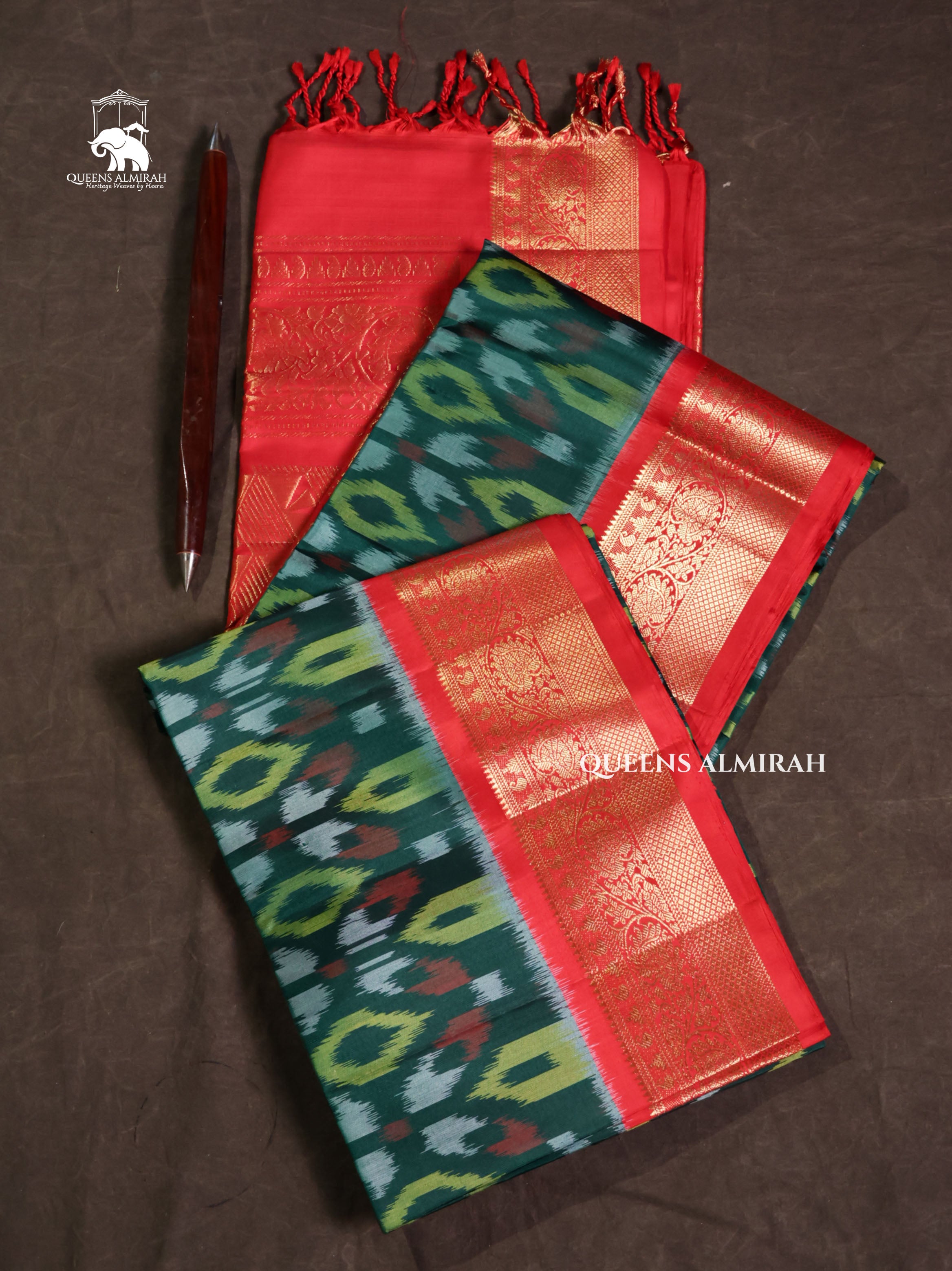 Dark Green With Red Pure Soft Silk Saree
