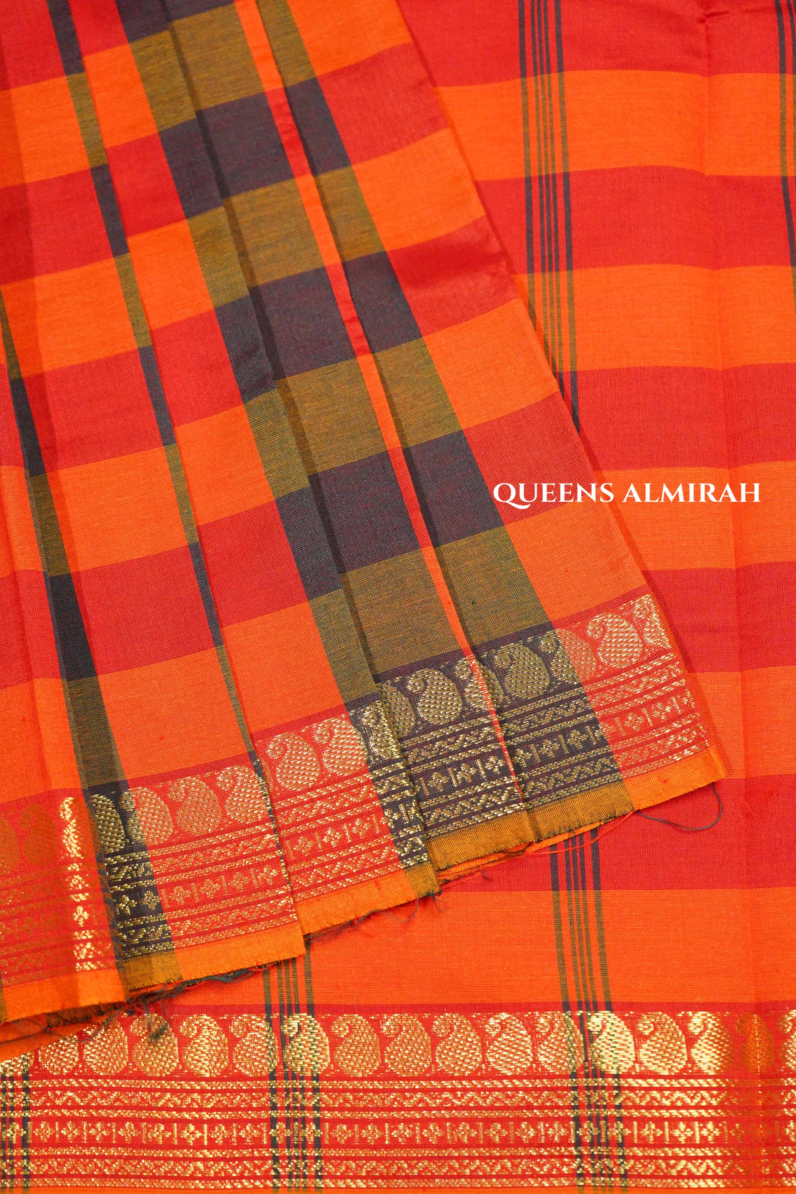 Red With Blue Checks Semi Silk Cotton Saree
