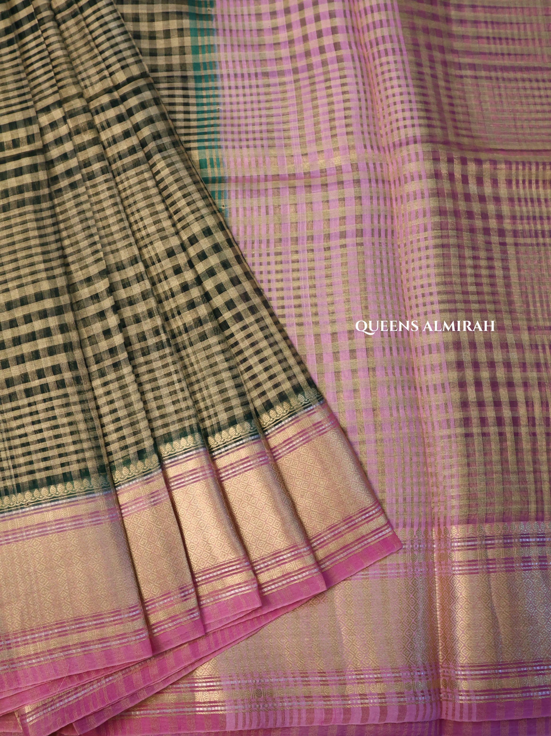 Green Checks With Pink Border Chanderi Katan Silk Handloom Saree