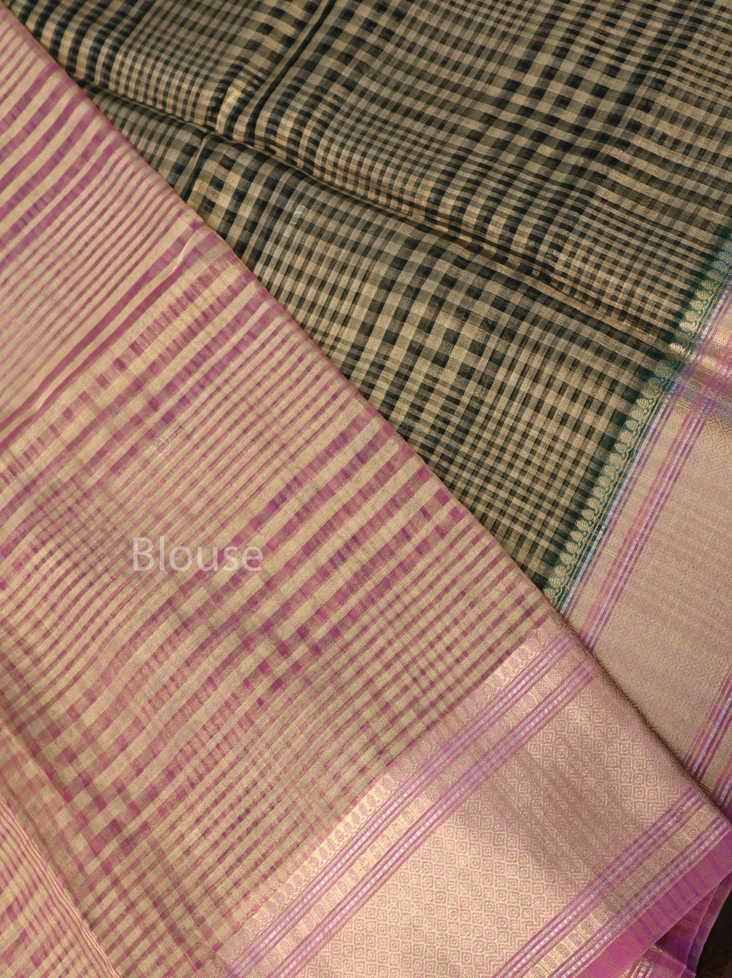 Green Checks With Pink Border Chanderi Katan Silk Handloom Saree