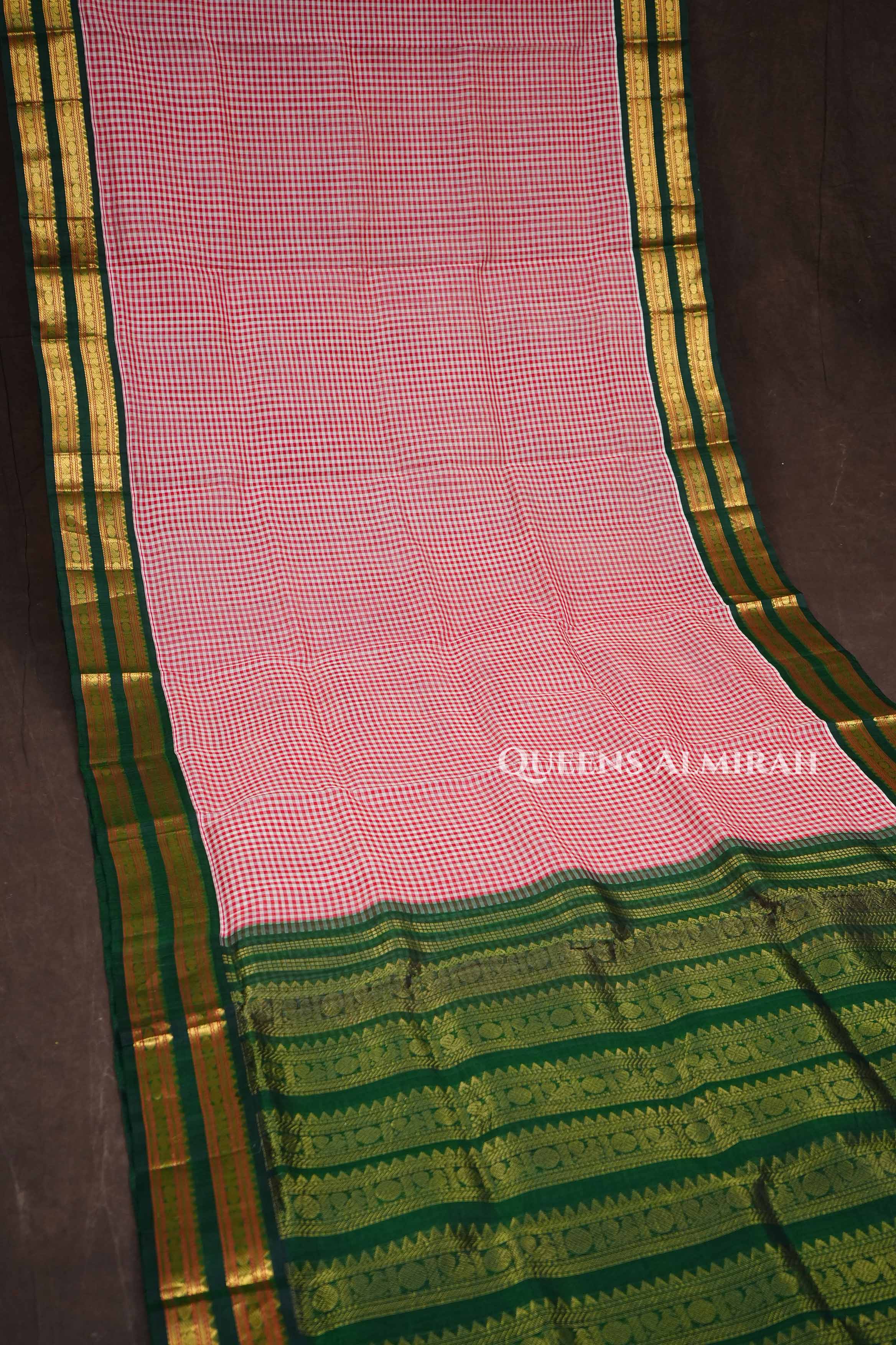 Red Checked With Green Pure Silk Cotton Saree