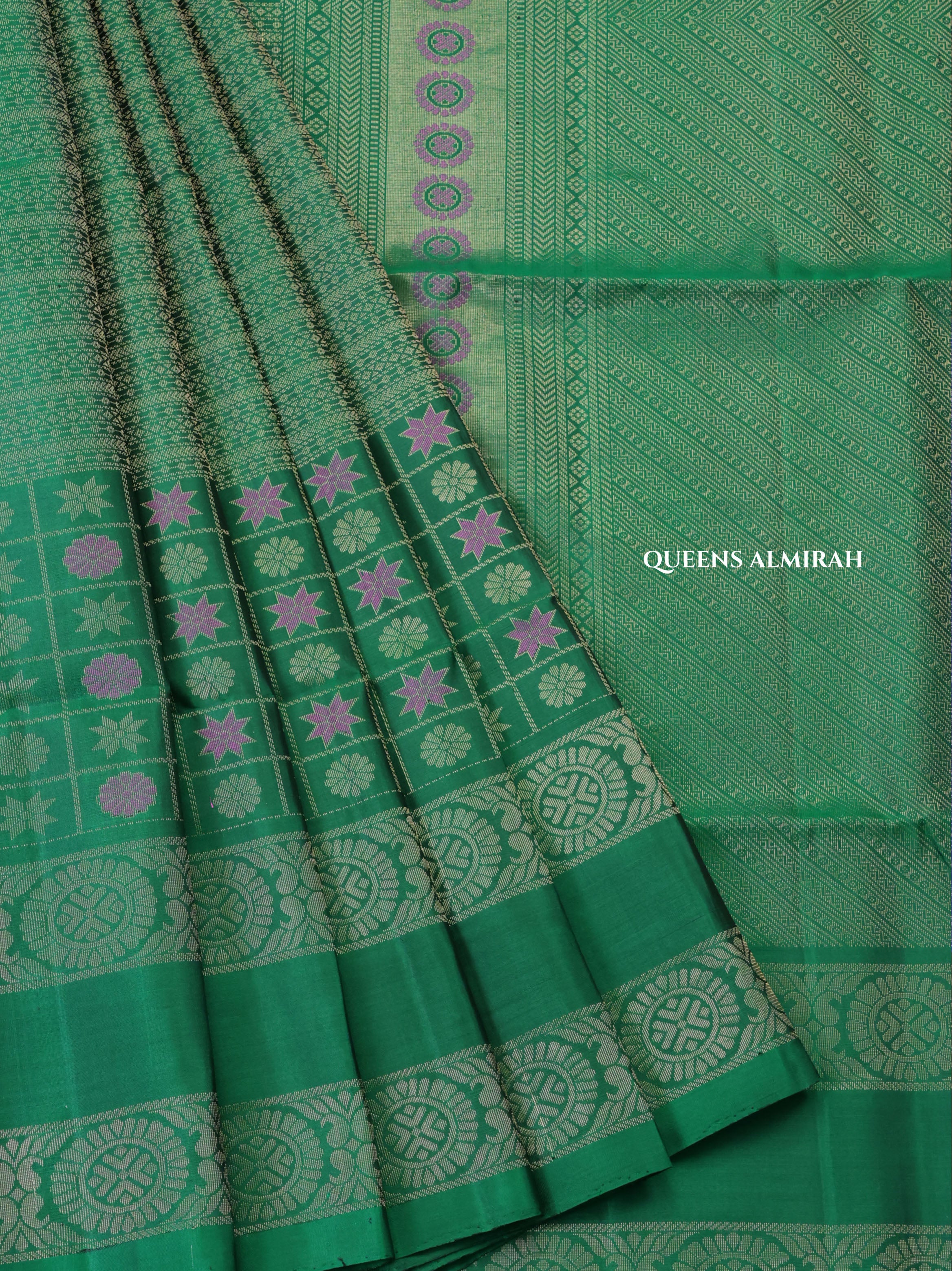 Dark Green Athangudi Inspired Pure Soft Silk Saree