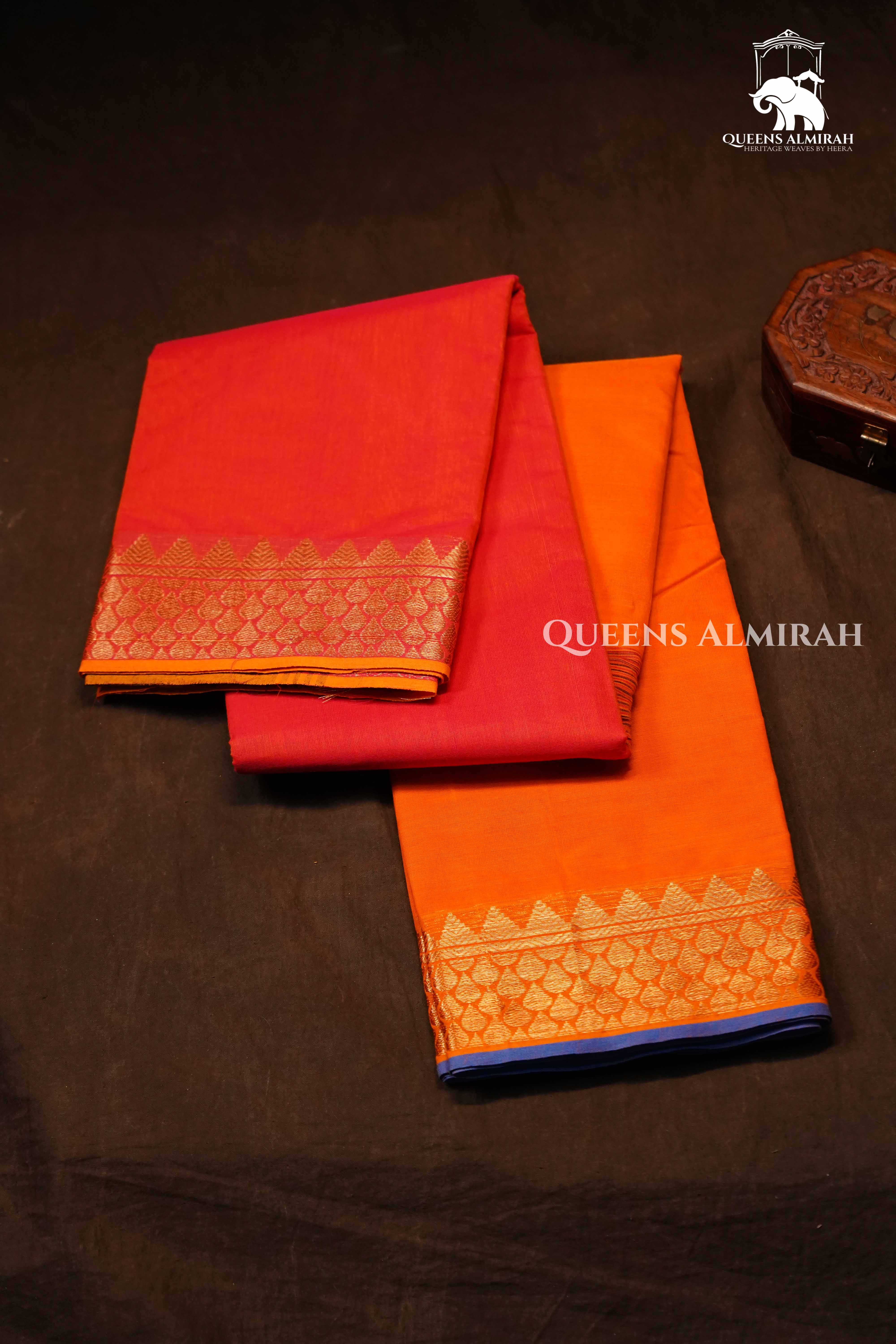 Tomato Red With Mango Yellow Chettinad Cotton Saree
