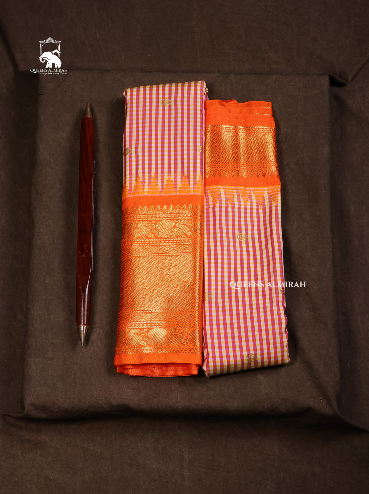 Brown With Orange Semi Gadwal Silk Saree