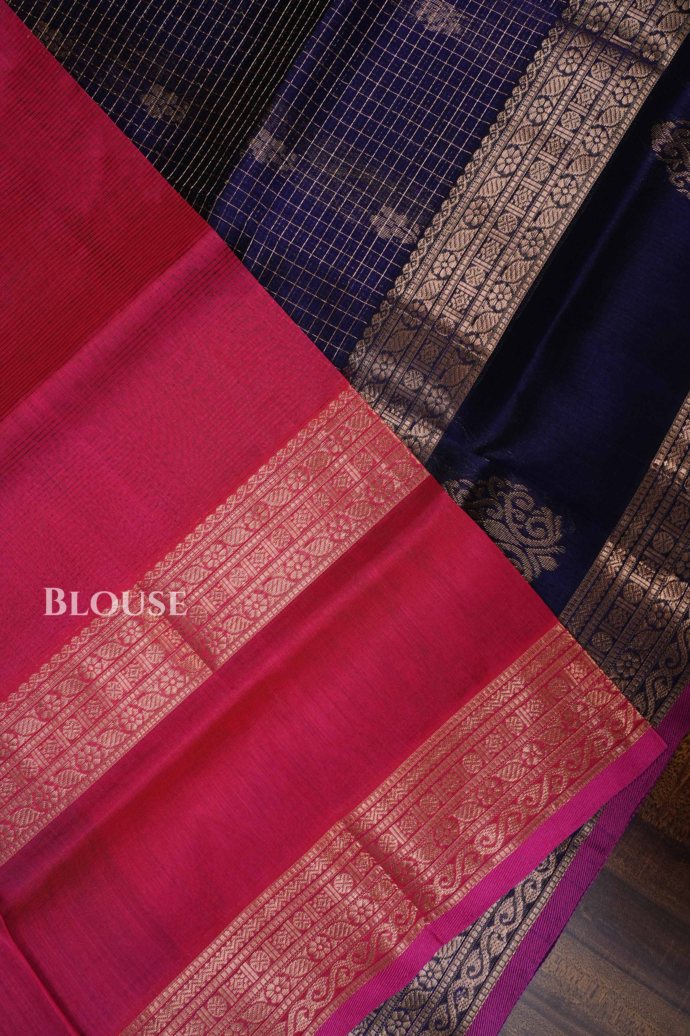 Dark Navy Blue With Pink Pure Silk Cotton Saree