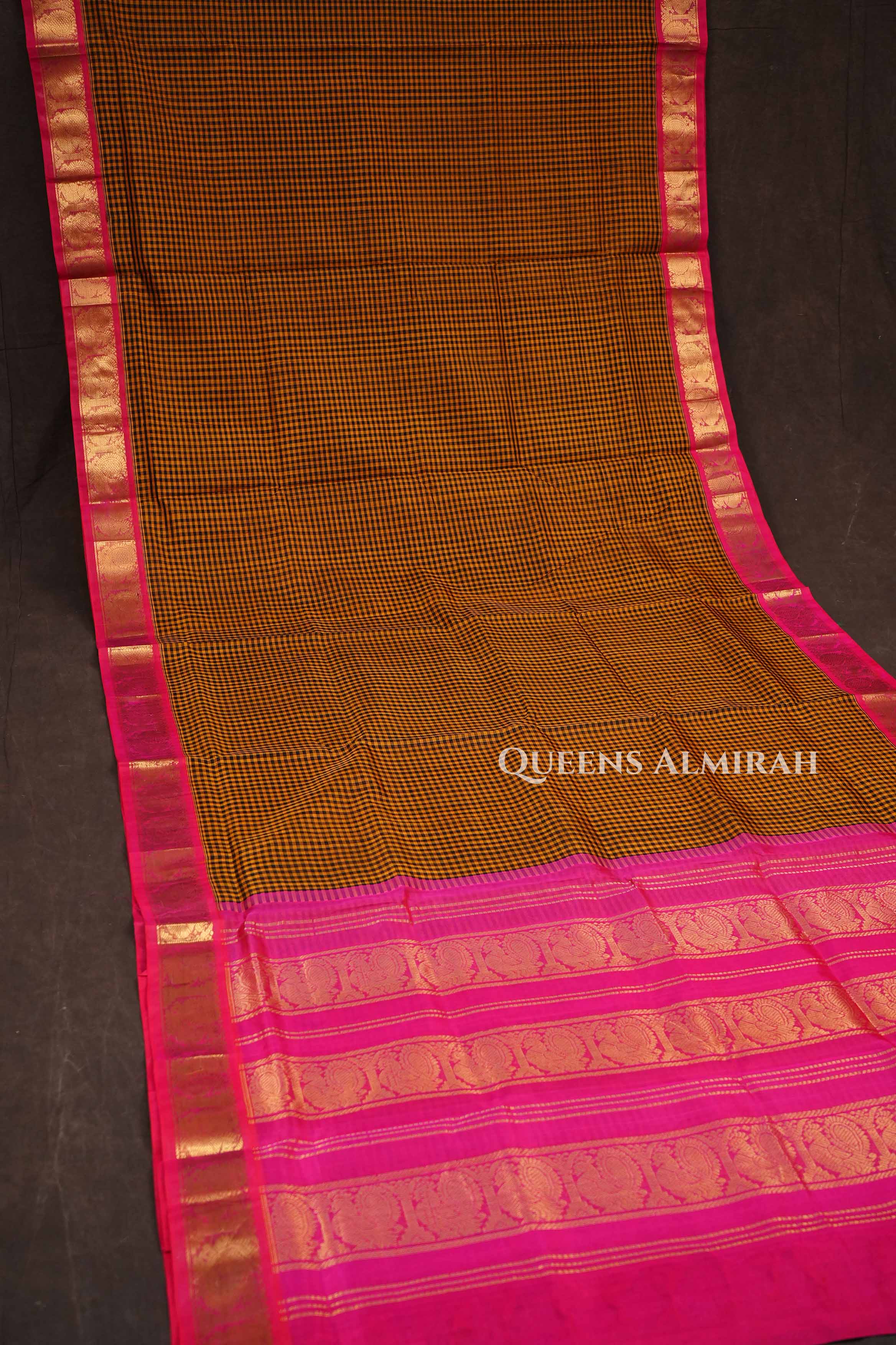 Honey Brown Checked With Pink Pure Silk Cotton Saree