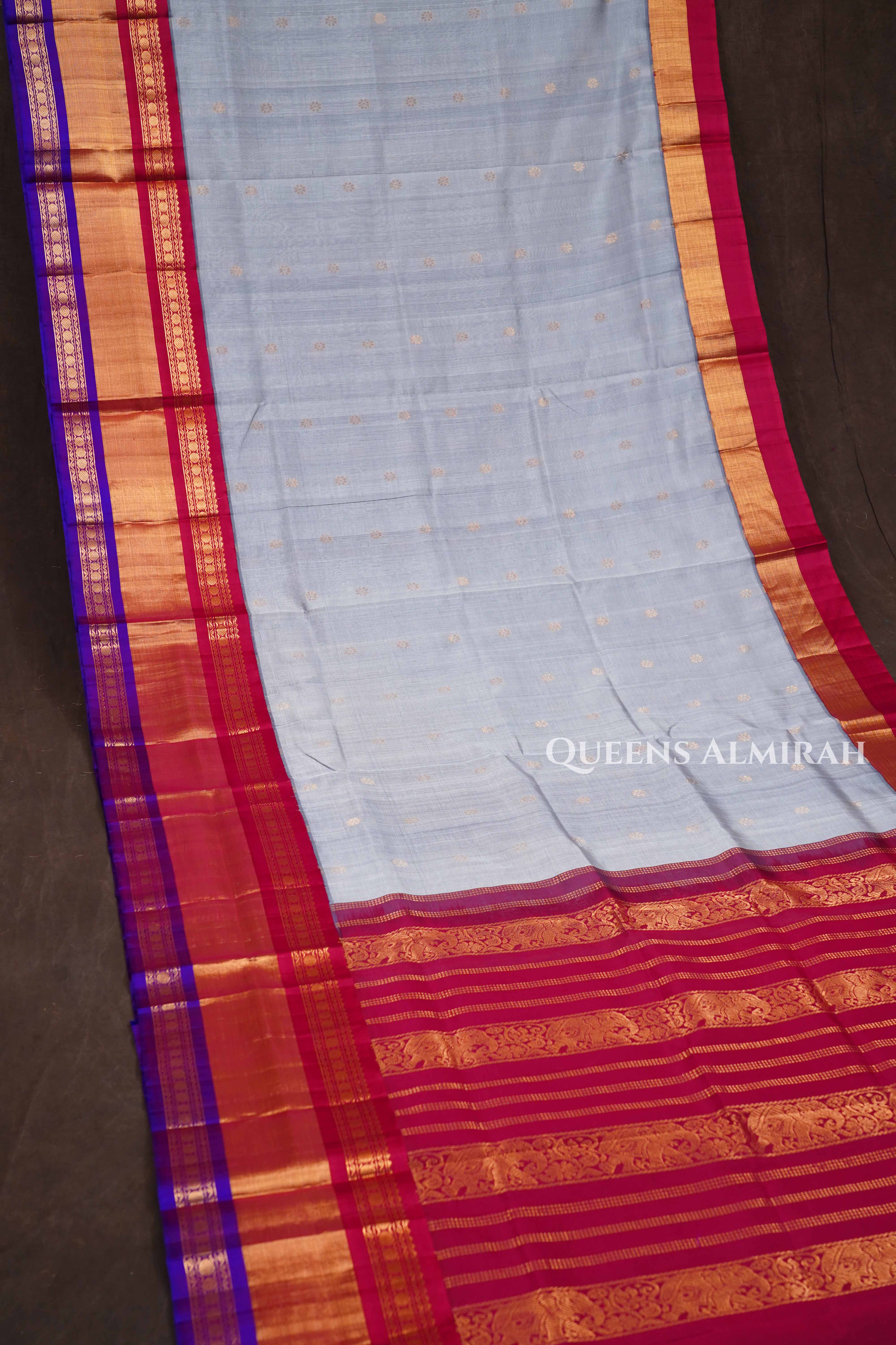 Ash With Red And Purple Pure Kanchi Silk Cotton Saree