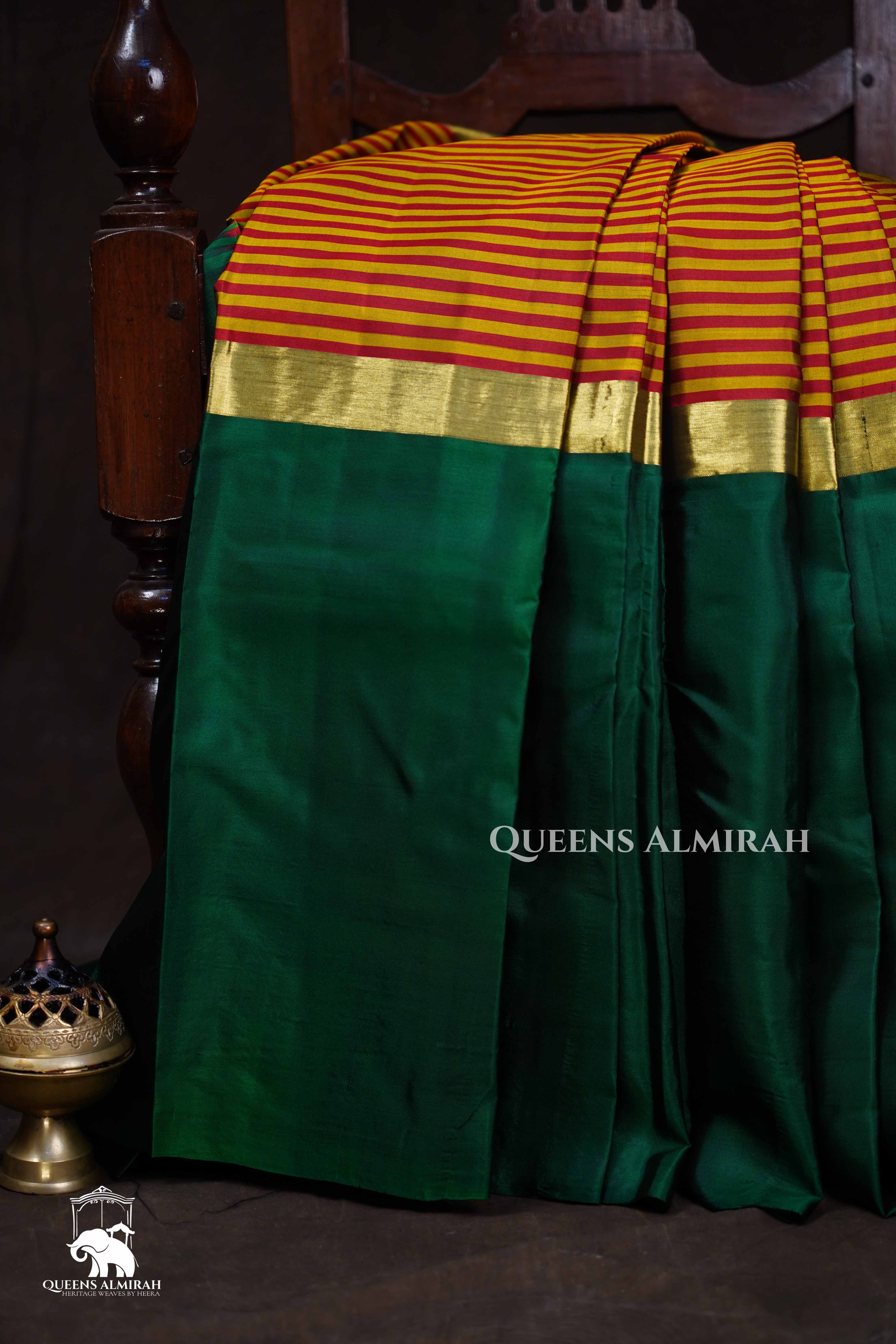 Dark Green With Stripes Pure Kanchivaram Silk Saree