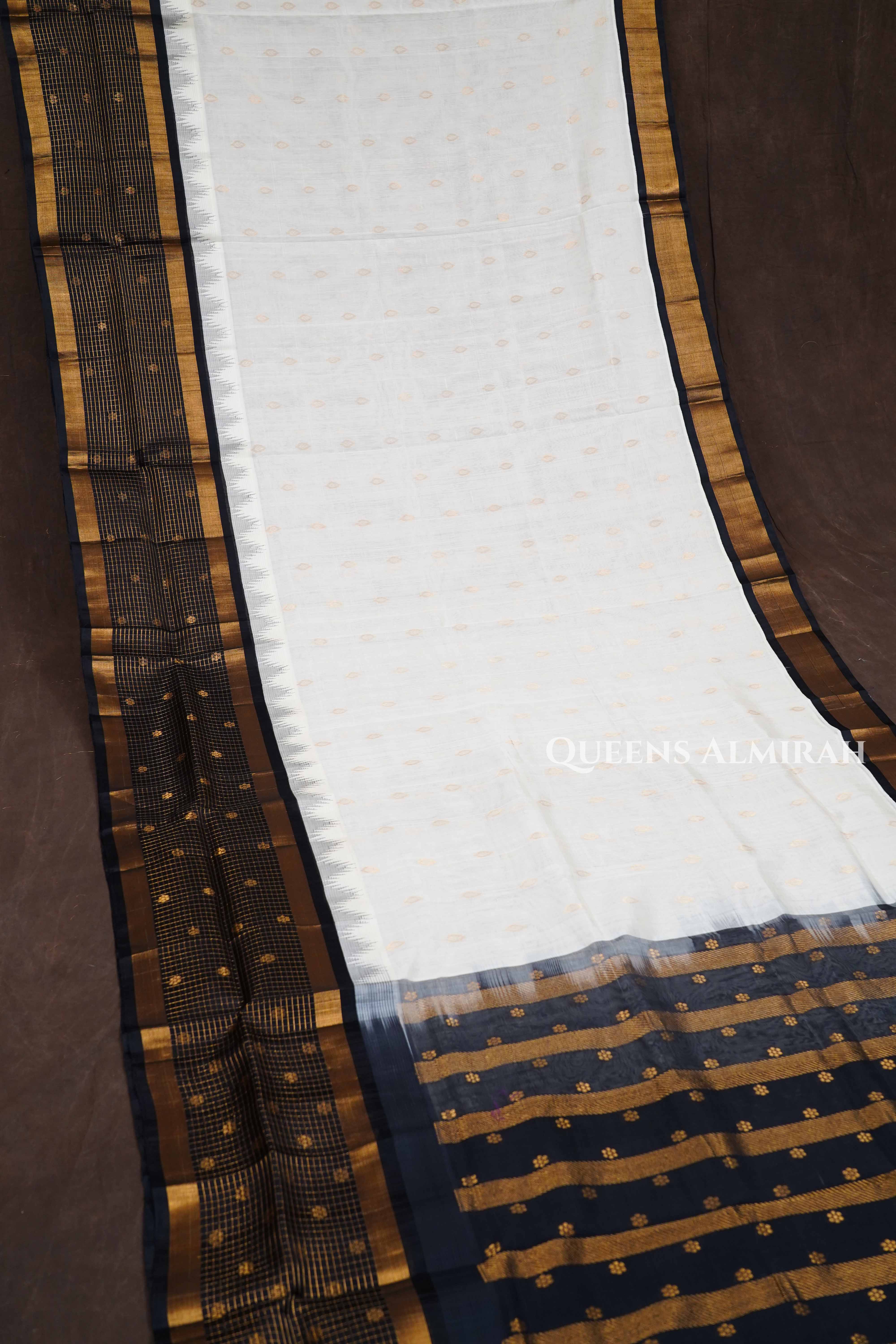 White With Black Pure Silk Cotton Saree
