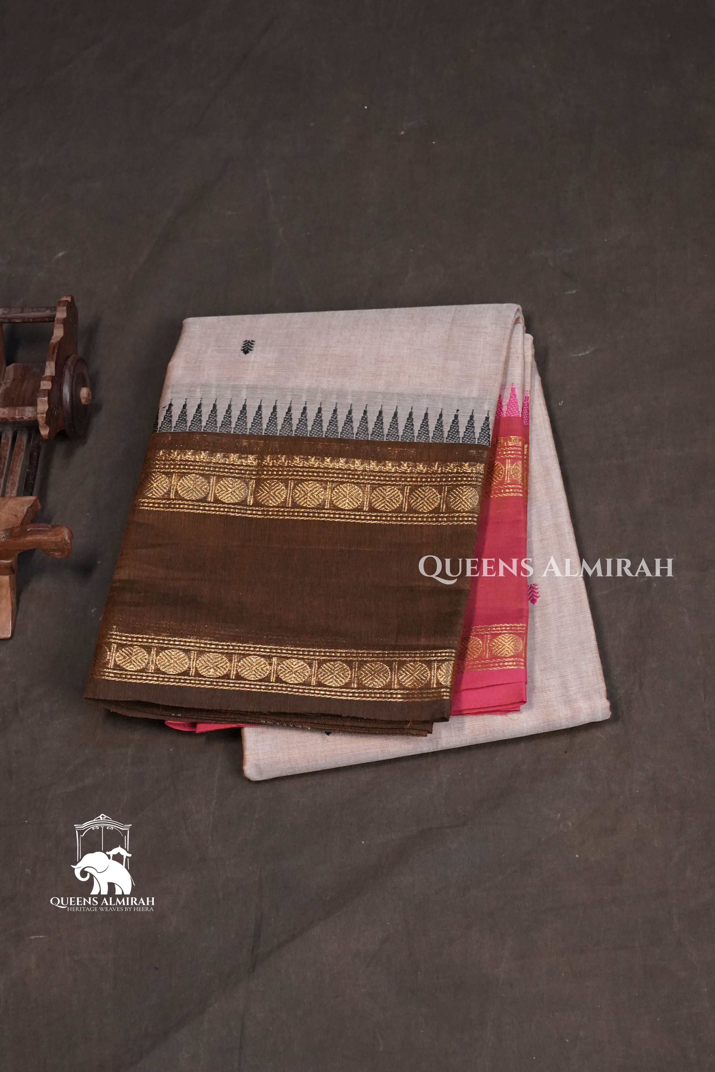 Ivory White with Coffee Brown Kanchi Cotton Saree