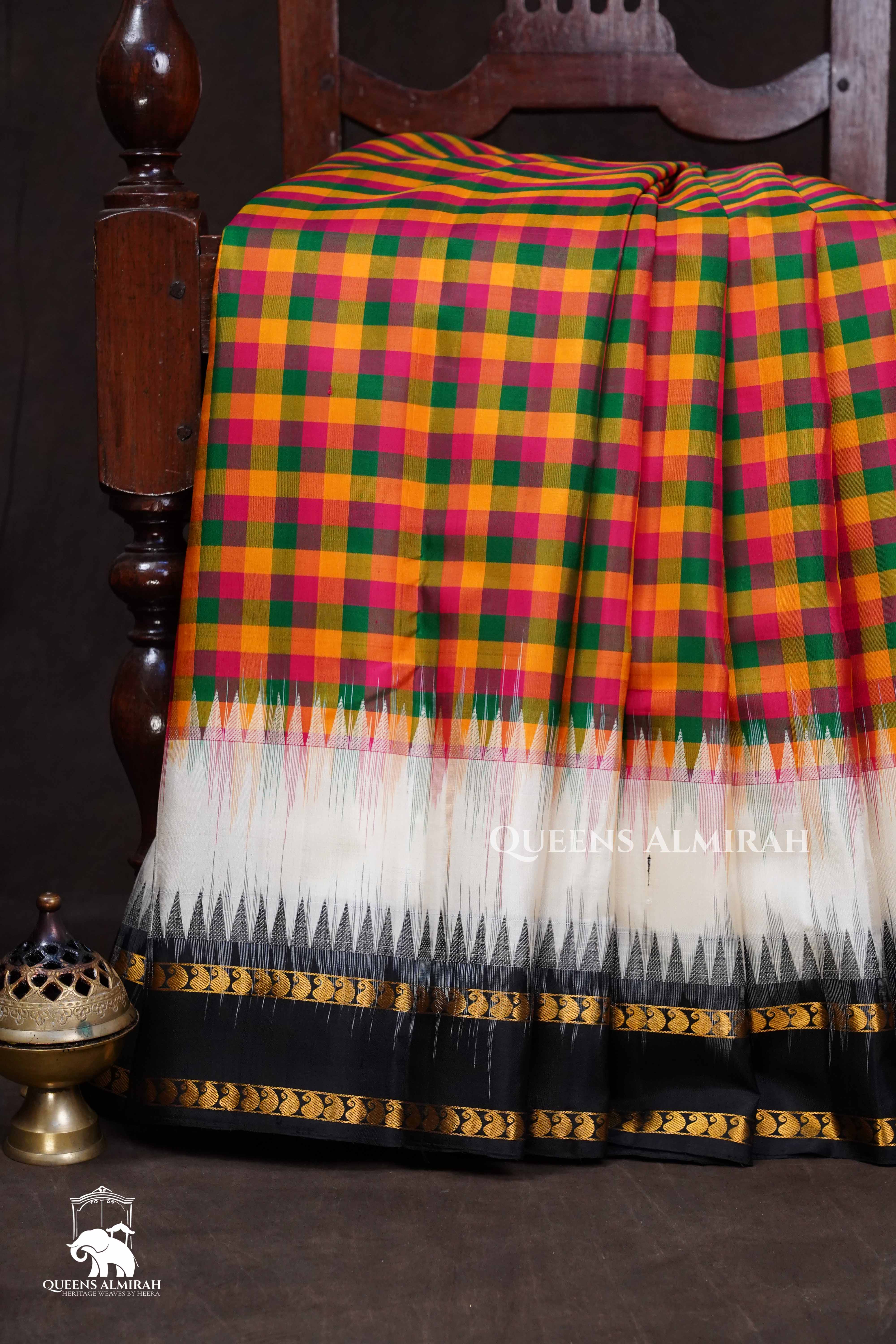 Multi Checks With Black And White Border Pure Kanchivaram Silk Saree