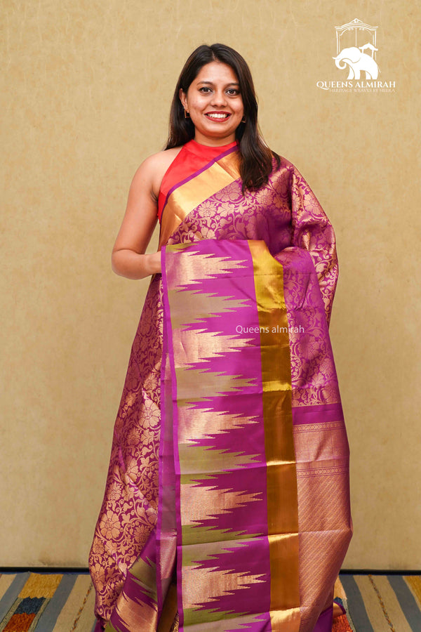 PURPLE WITH TEMPLE ZARI BORDER KANCHIVARAM SILK SAREE - Queens Jewel Emporium