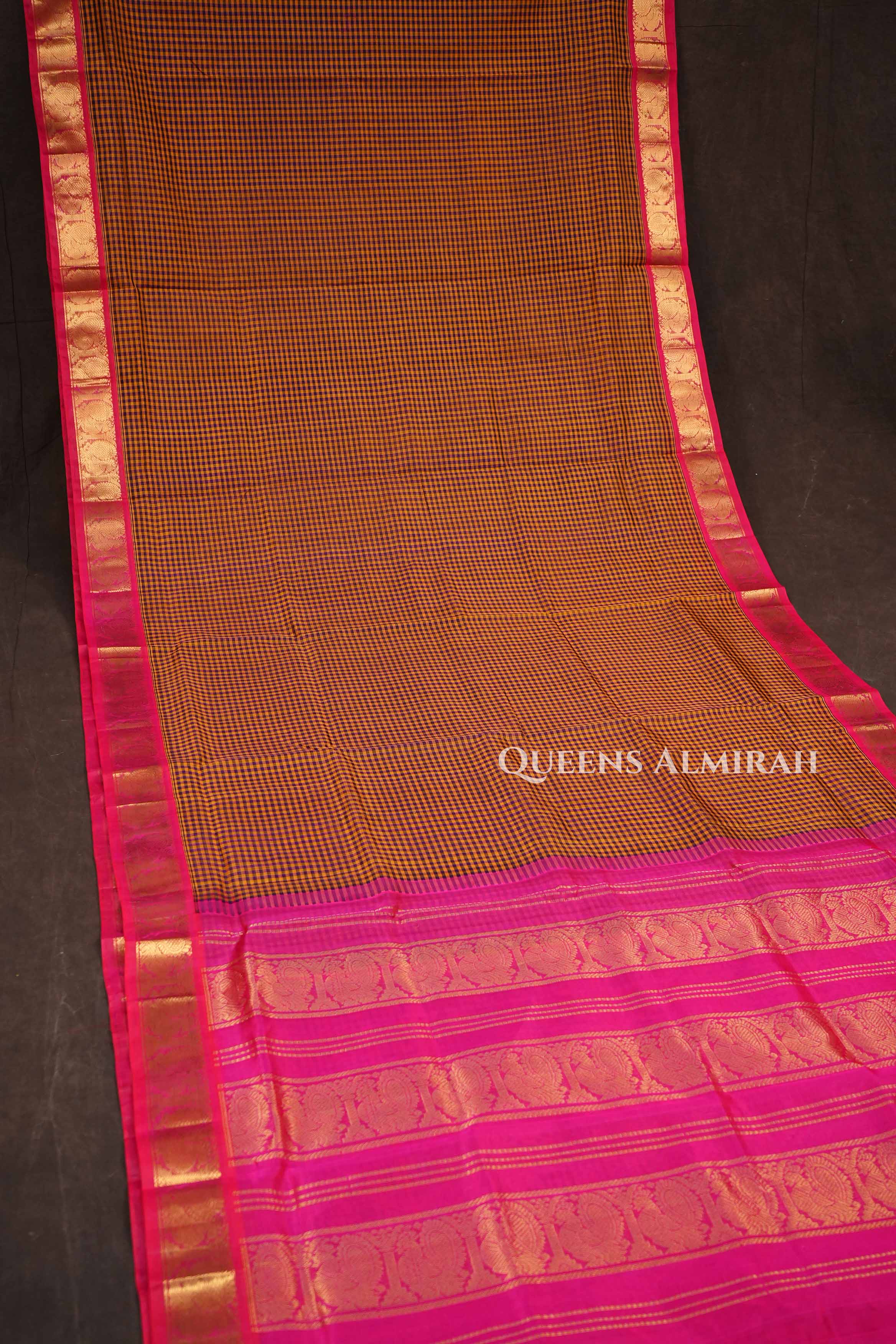 Brown Checked With Pink Pure Silk Cotton Saree