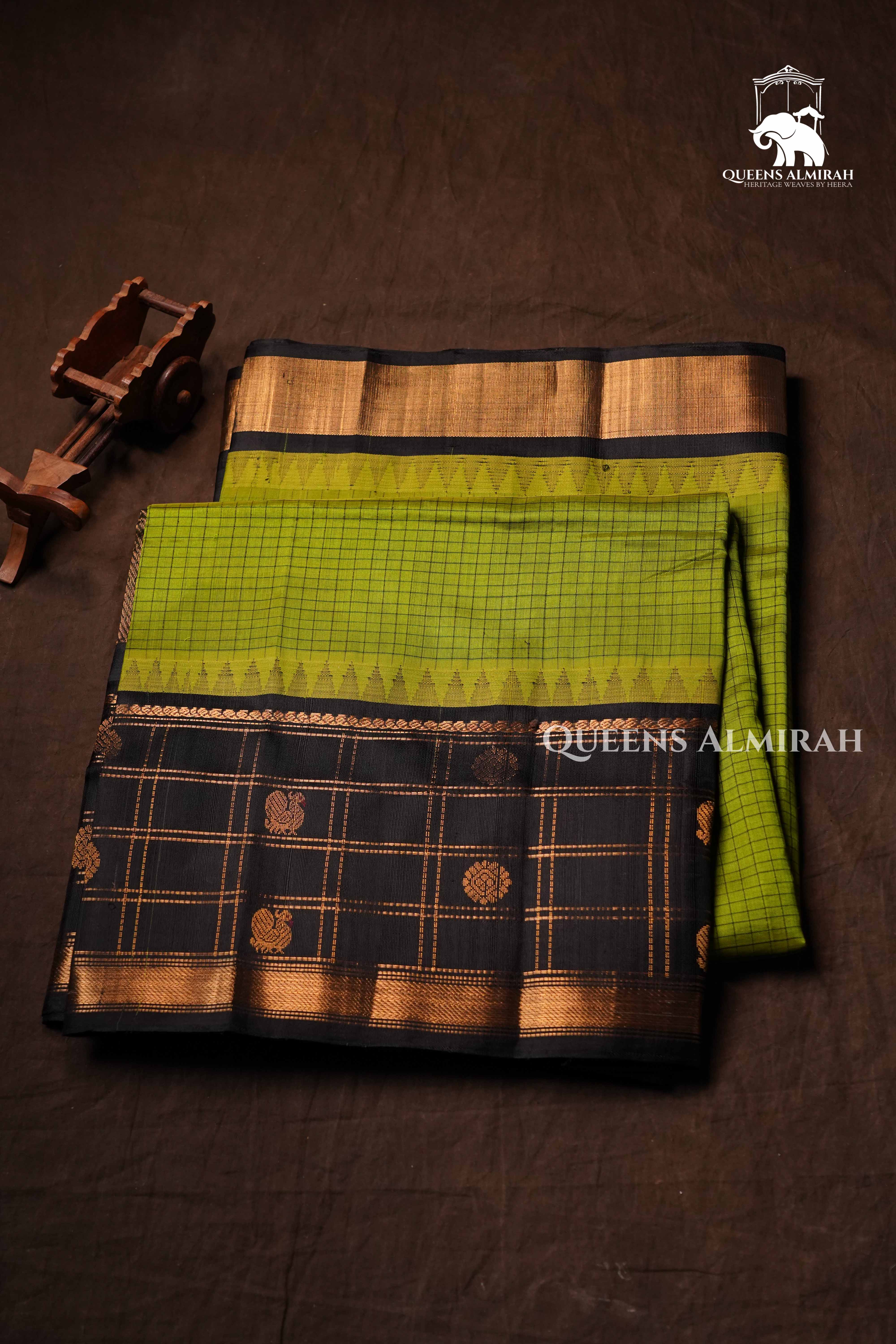 Avocado Green With Black Pure Kanchi Silk Cotton Saree