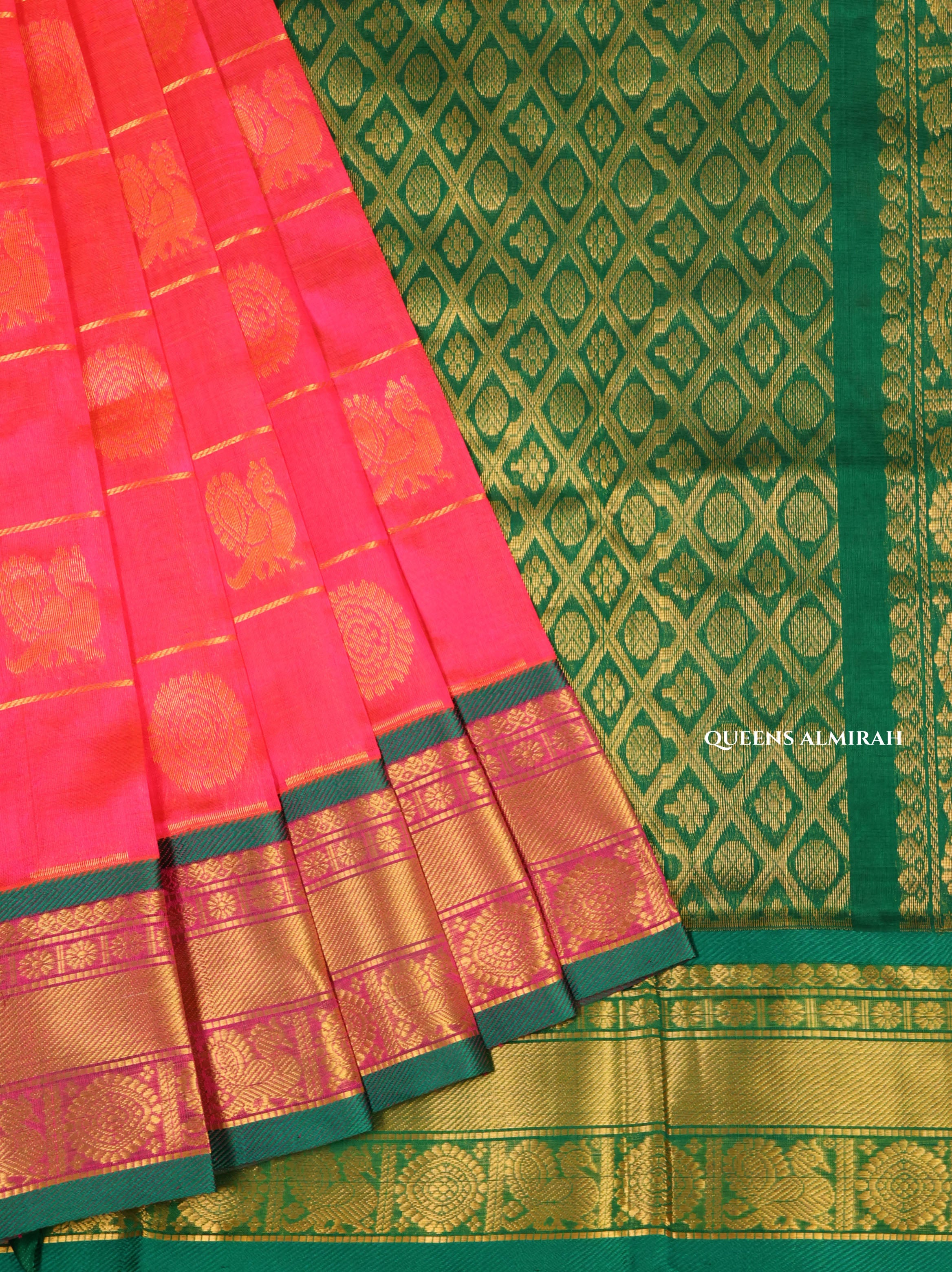 Rani Pink With Green Pure Silk Cotton Saree